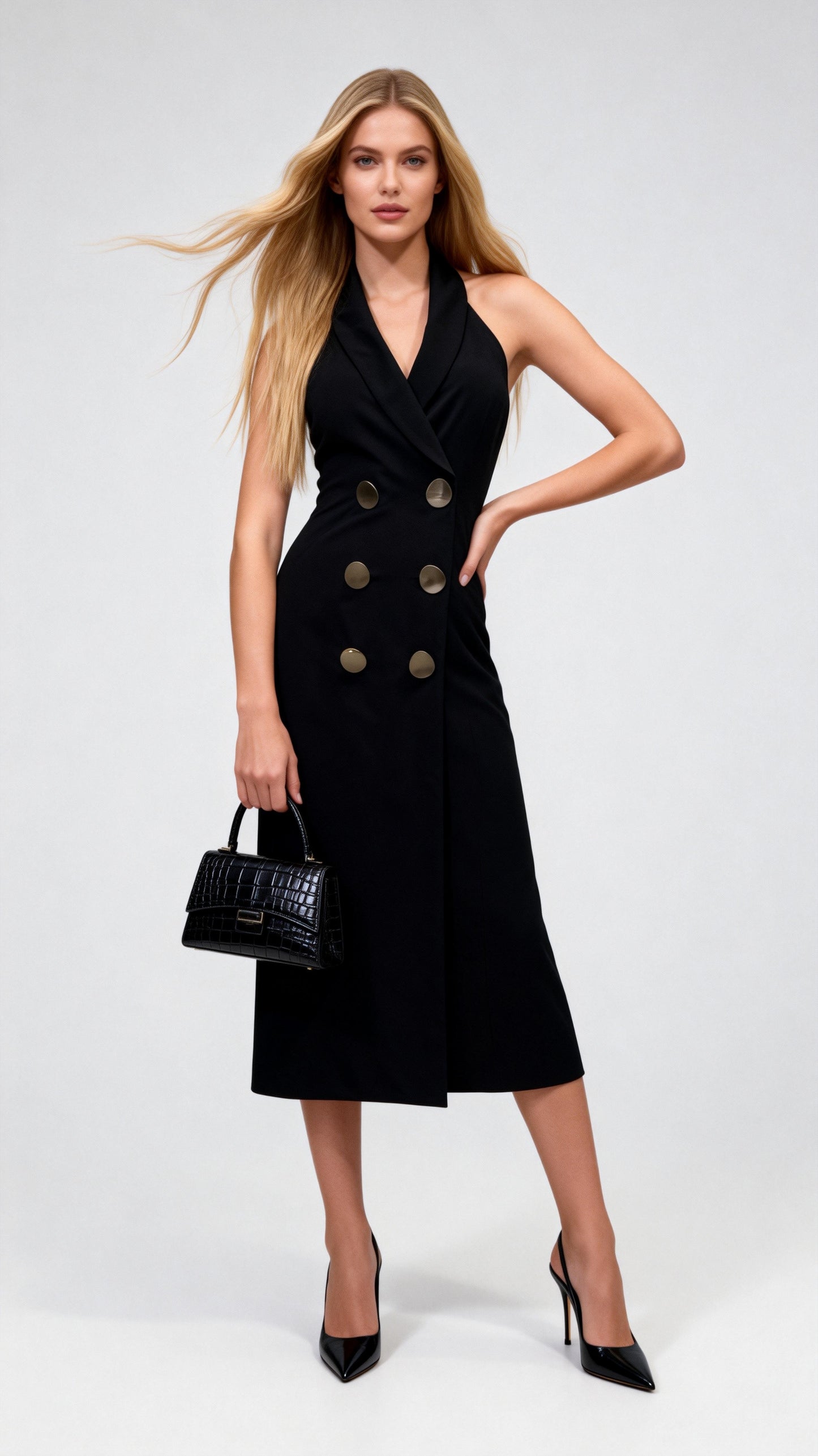 Black Halter Double-Breasted Waist-Defined Midi Dress