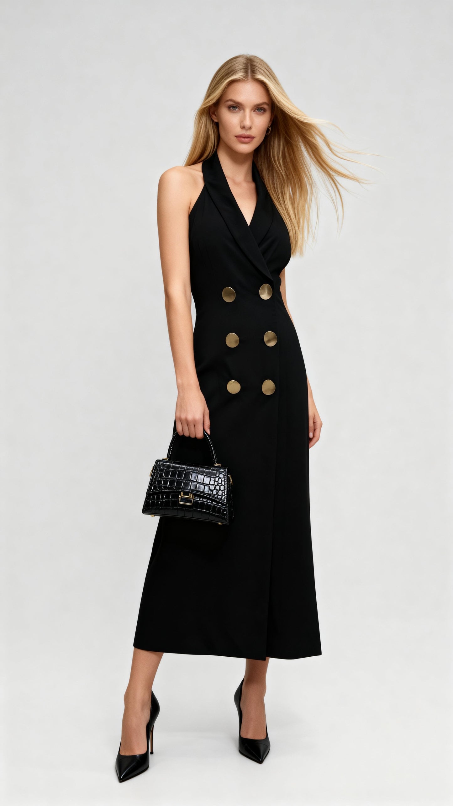 Black Halter Double-Breasted Waist-Defined Midi Dress