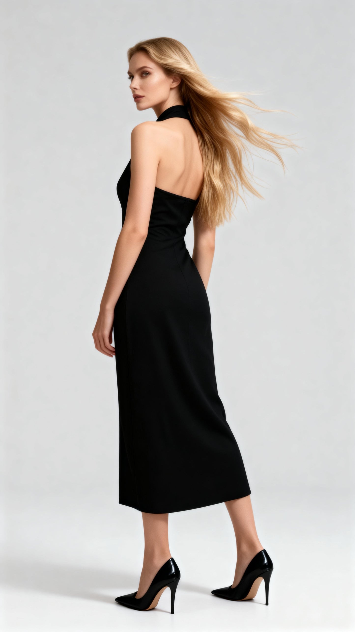 Black Halter Double-Breasted Waist-Defined Midi Dress