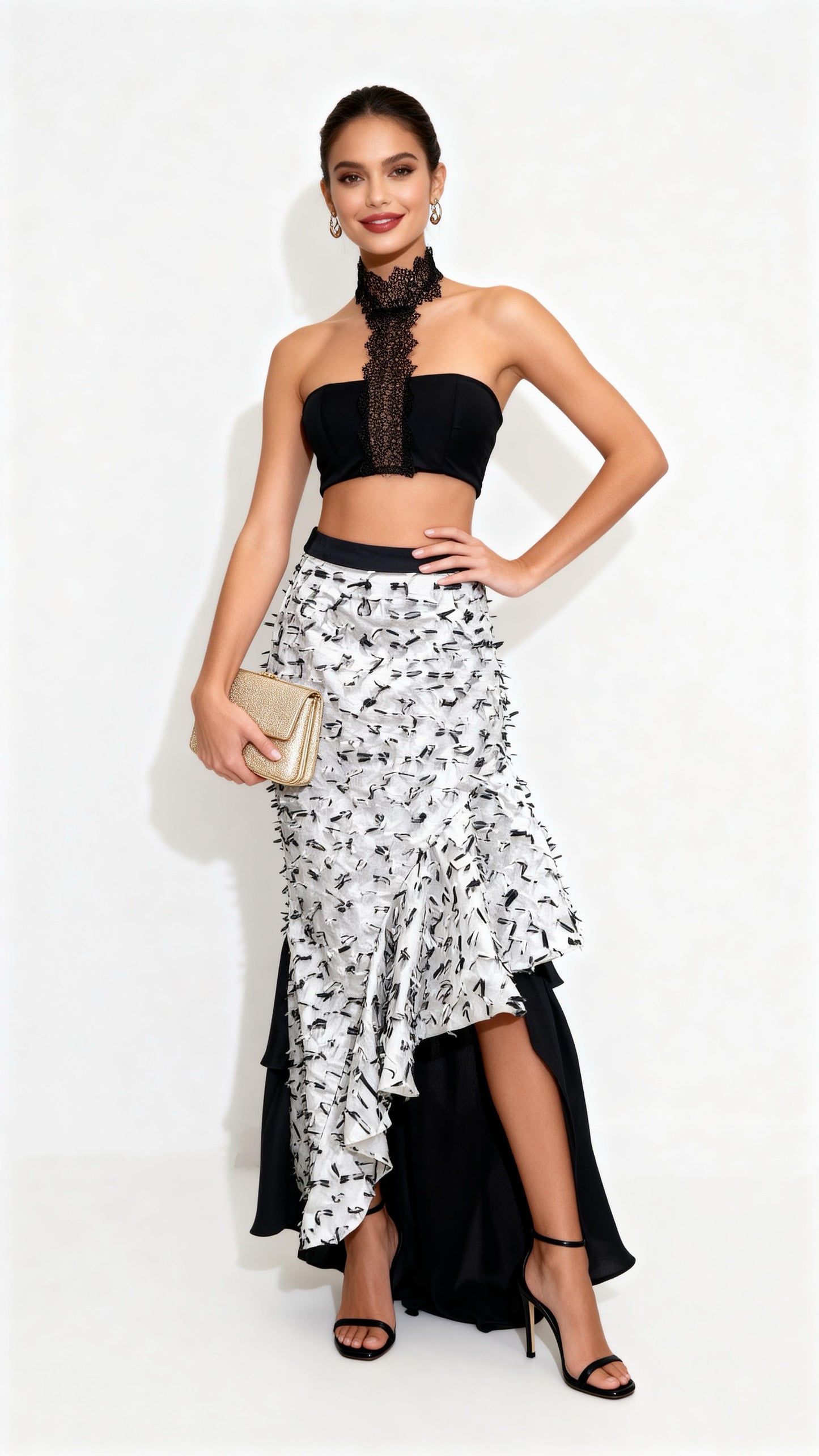 Black Lace Halter Bustier + Black-White Print Asymmetric Ruffled Mermaid Skirt Two-Piece Set
