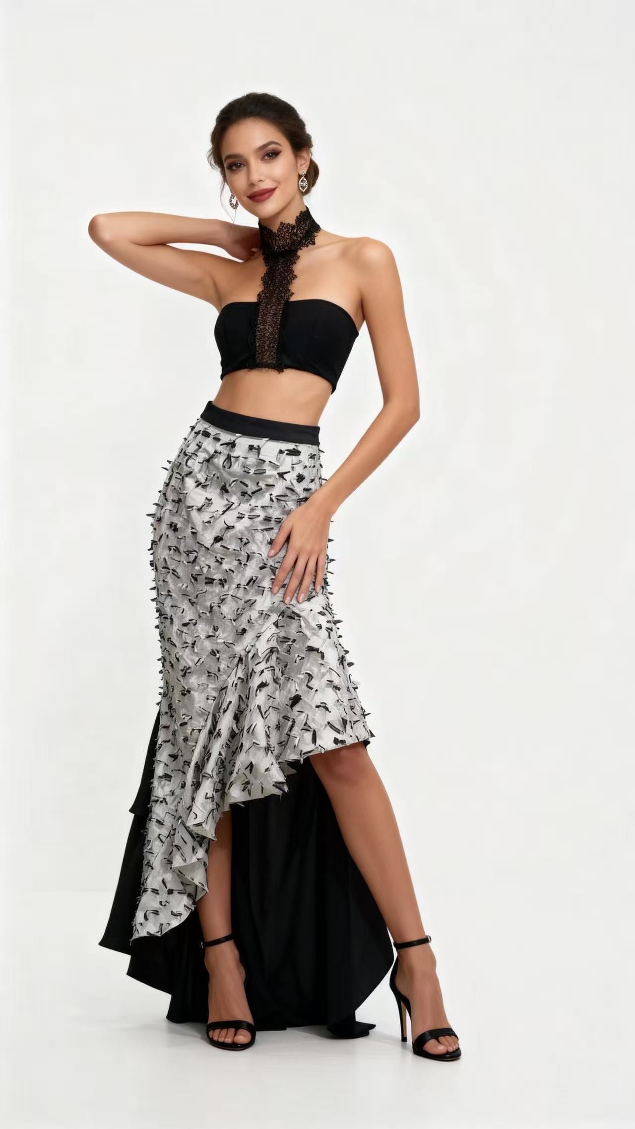 Black Lace Halter Bustier + Black-White Print Asymmetric Ruffled Mermaid Skirt Two-Piece Set
