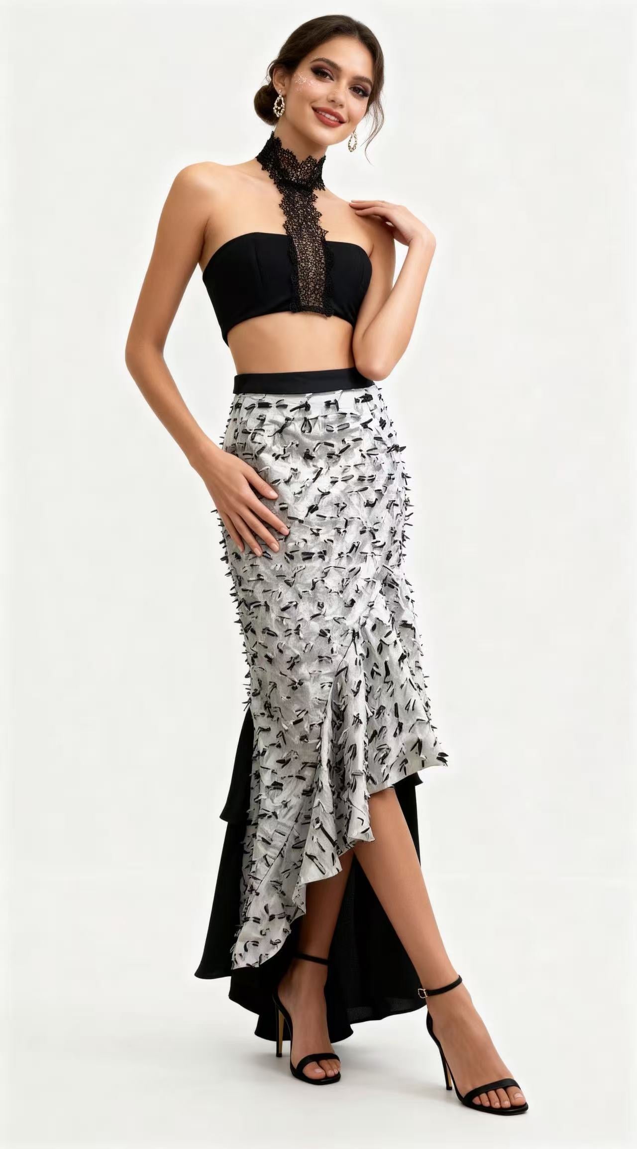 Black Lace Halter Bustier + Black-White Print Asymmetric Ruffled Mermaid Skirt Two-Piece Set