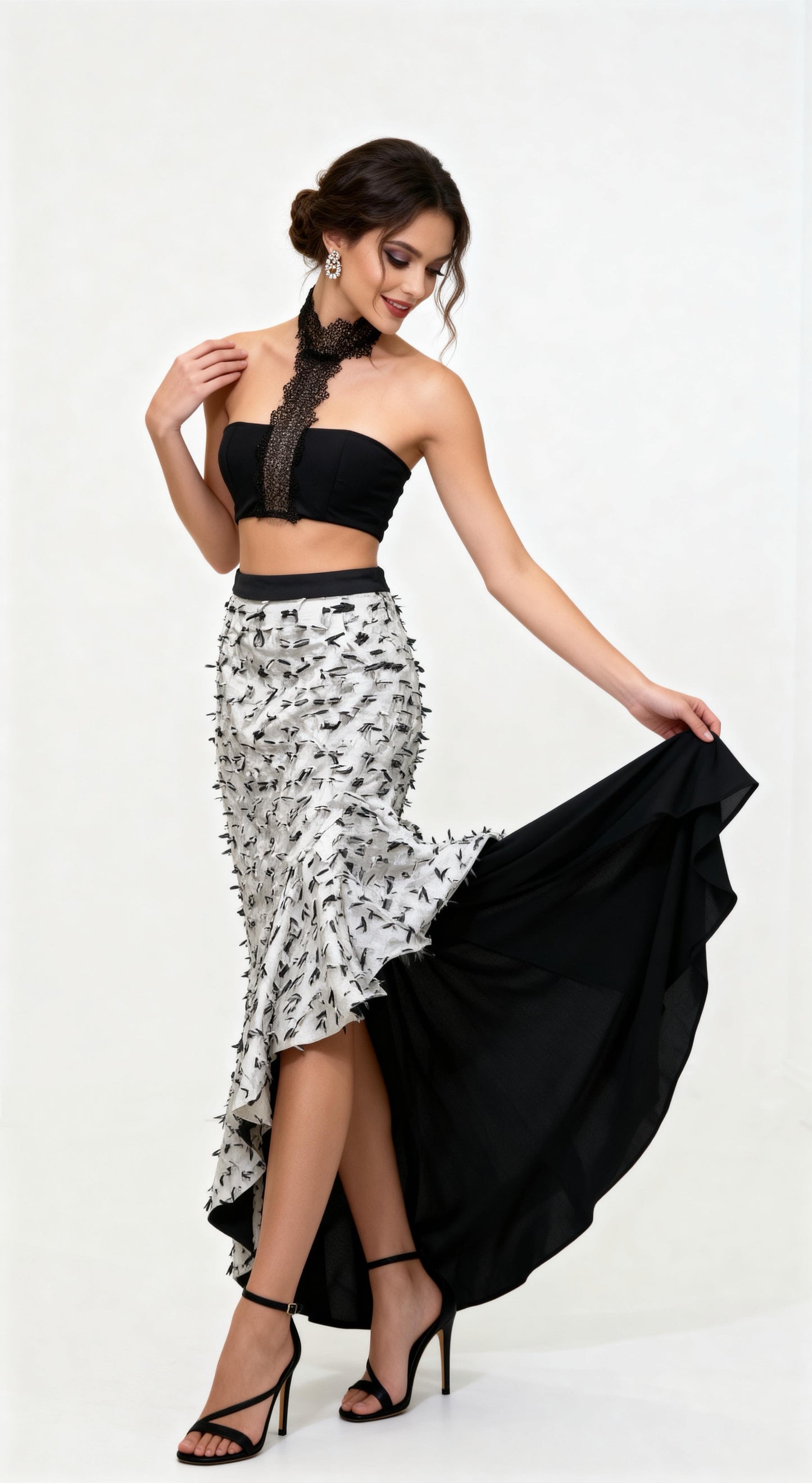 Black Lace Halter Bustier + Black-White Print Asymmetric Ruffled Mermaid Skirt Two-Piece Set