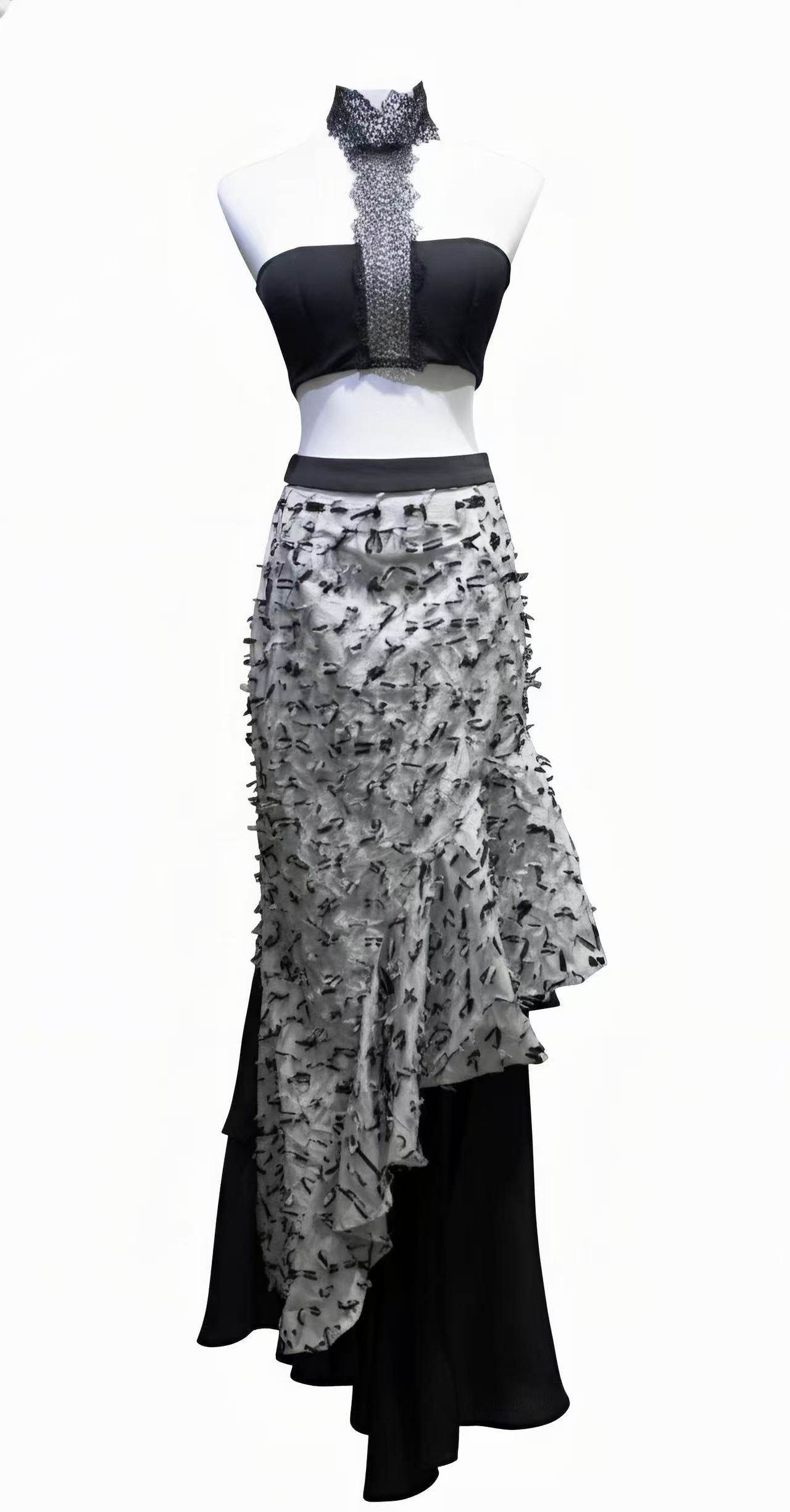 Black Lace Halter Bustier + Black-White Print Asymmetric Ruffled Mermaid Skirt Two-Piece Set