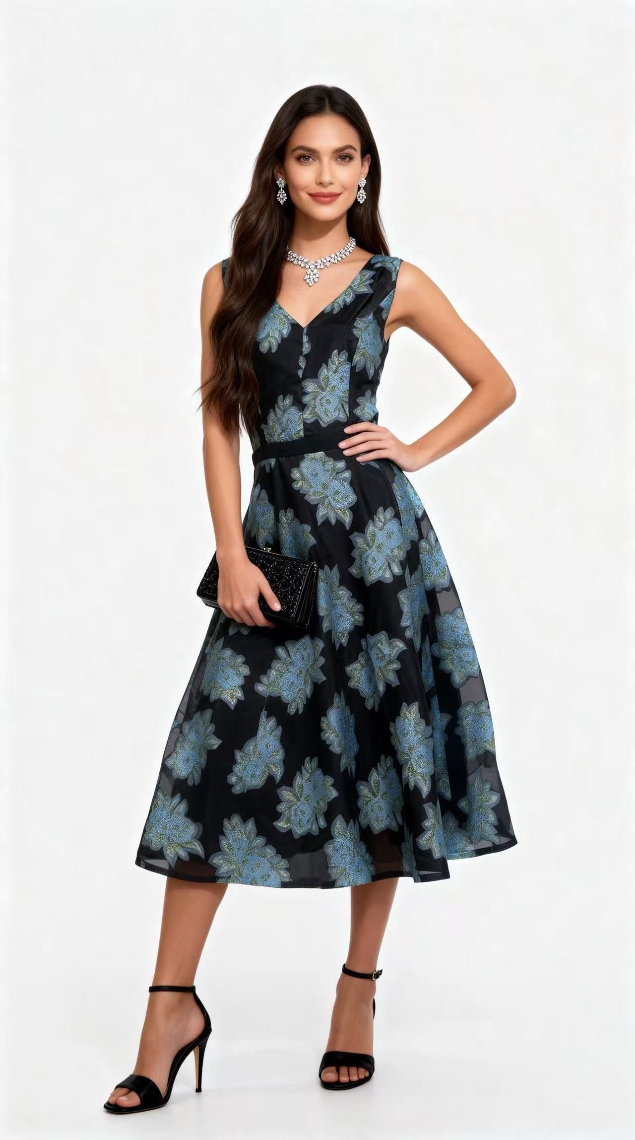 Black-Based Blue-Toned Floral Print Sleeveless Waist-Defined Midi Dress