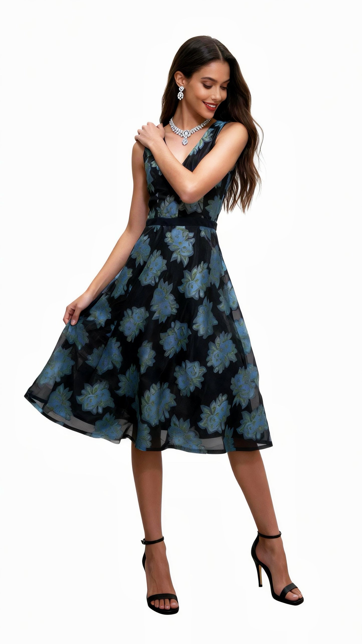Black-Based Blue-Toned Floral Print Sleeveless Waist-Defined Midi Dress