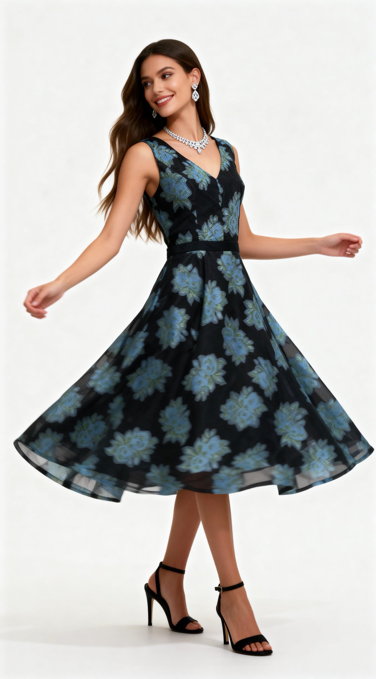 Black-Based Blue-Toned Floral Print Sleeveless Waist-Defined Midi Dress
