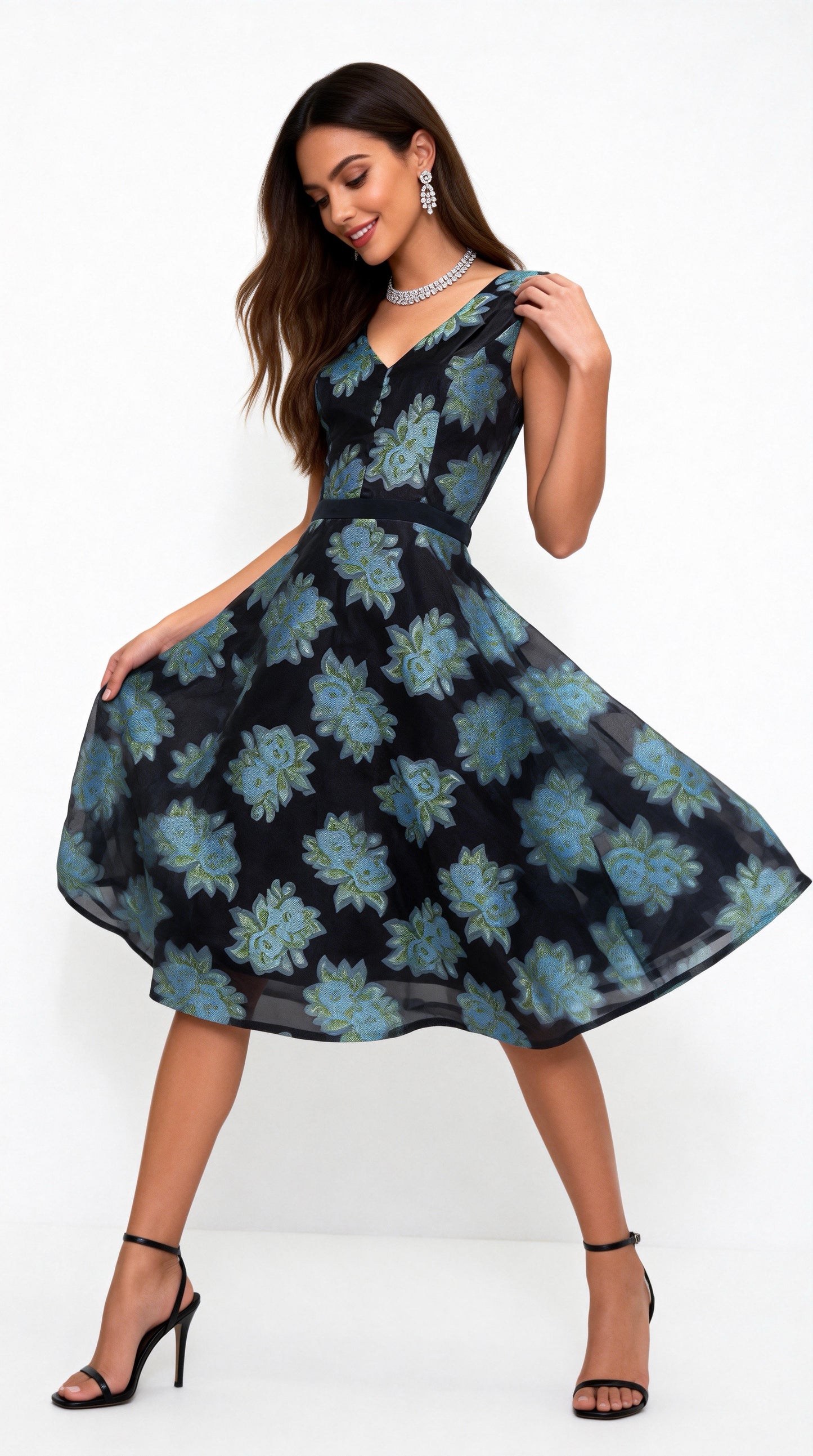 Black-Based Blue-Toned Floral Print Sleeveless Waist-Defined Midi Dress