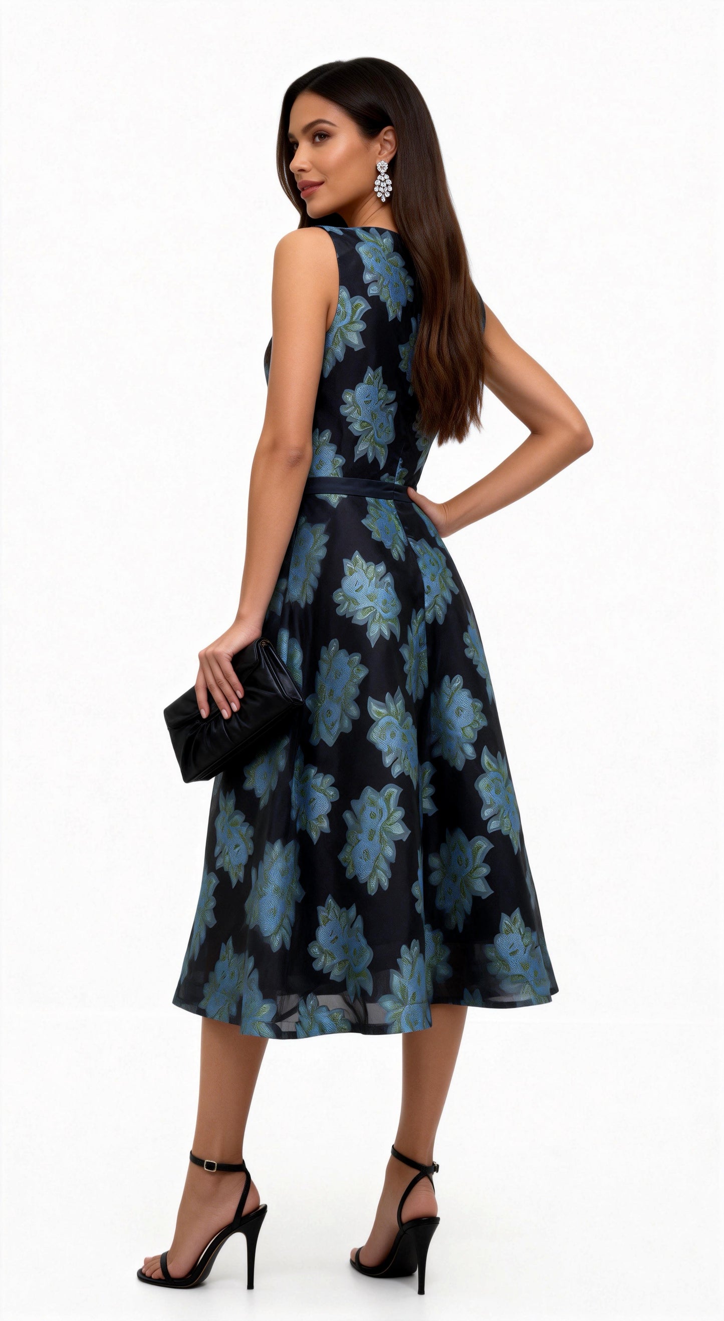 Black-Based Blue-Toned Floral Print Sleeveless Waist-Defined Midi Dress