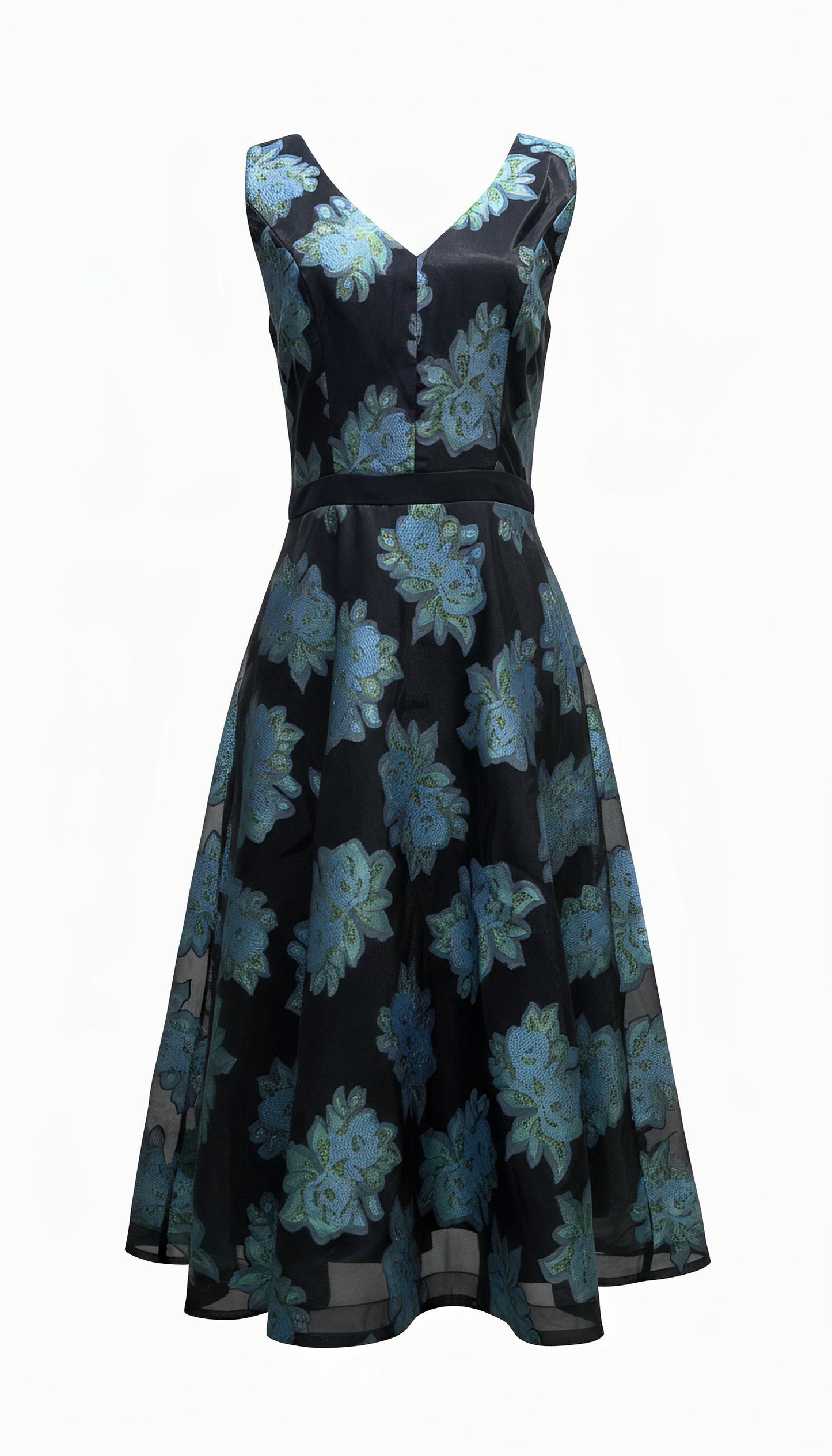 Black-Based Blue-Toned Floral Print Sleeveless Waist-Defined Midi Dress