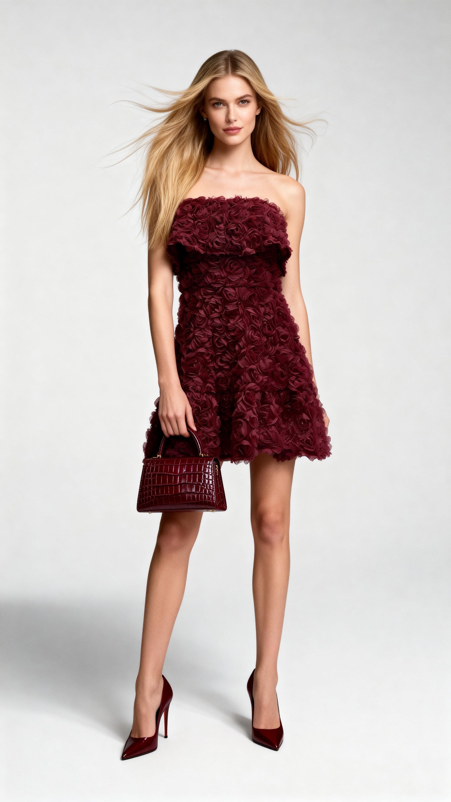 Burgundy 3D Rose Embellished Strapless Mini Dress