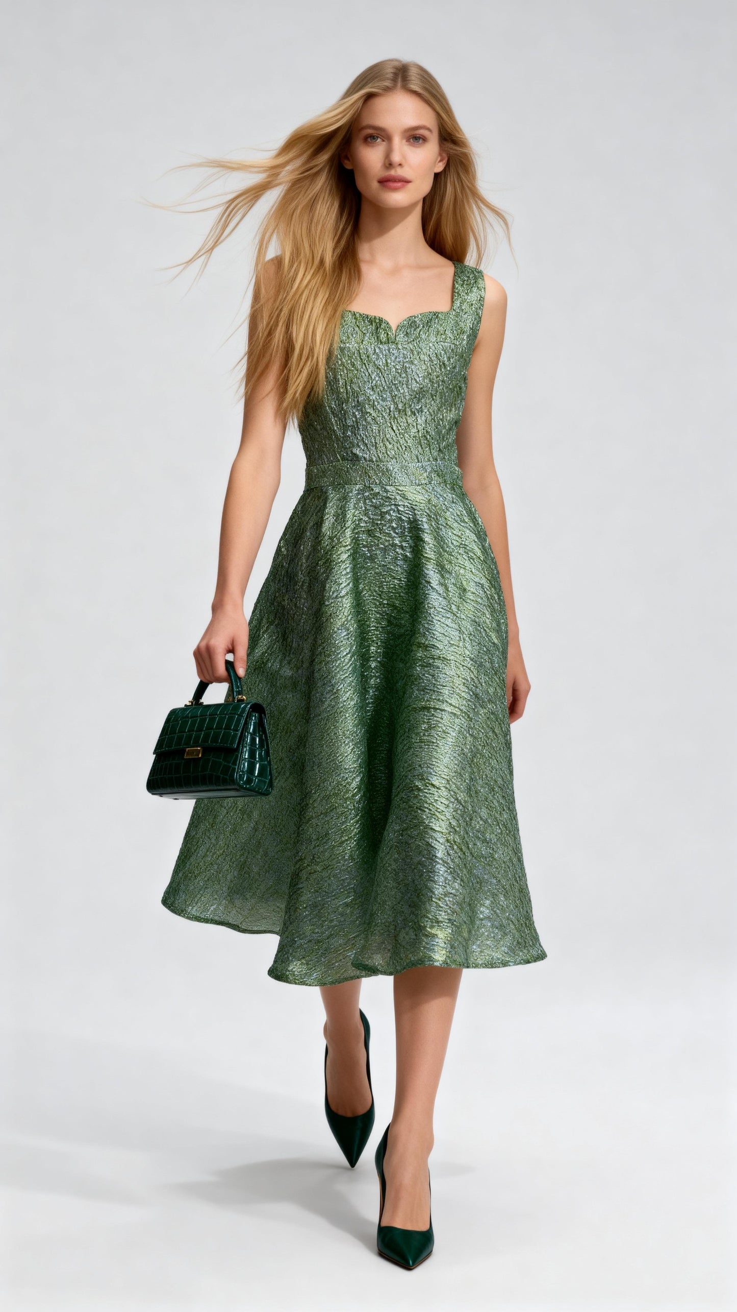 Textured Square Neck Sleeveless Waist-Defined A-Line Midi Dress