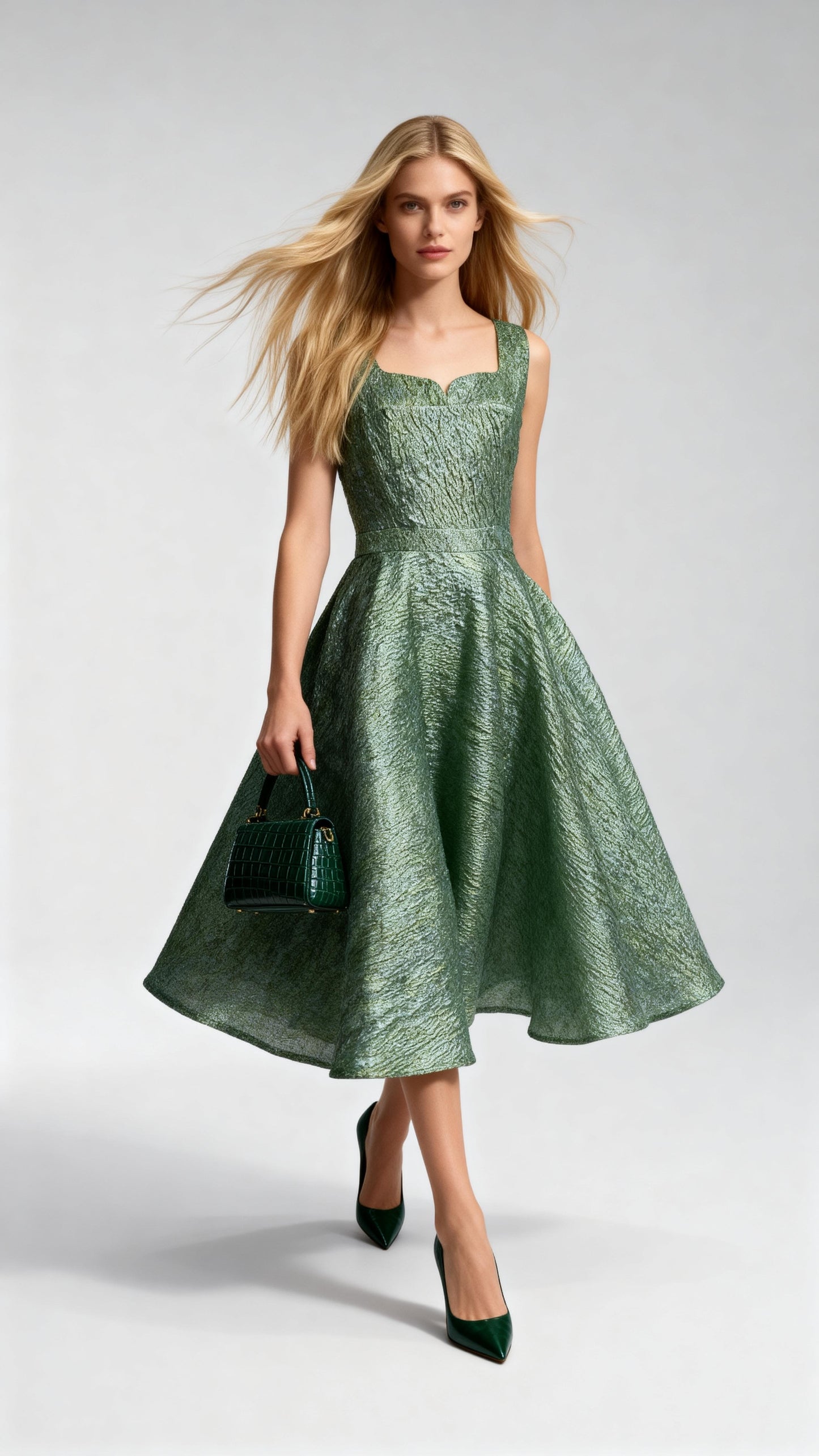 Textured Square Neck Sleeveless Waist-Defined A-Line Midi Dress