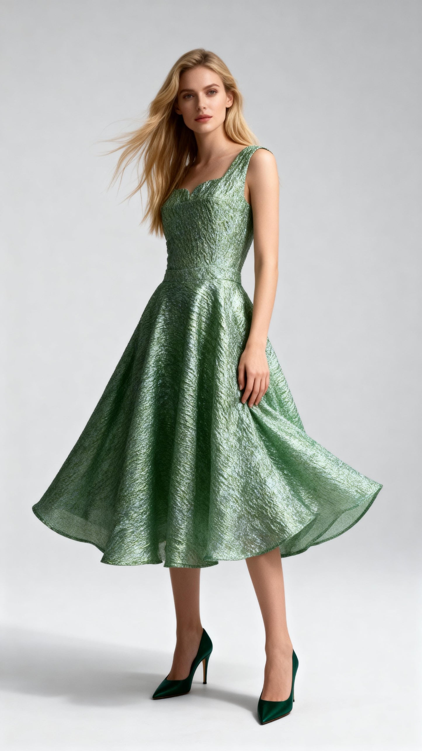 Textured Square Neck Sleeveless Waist-Defined A-Line Midi Dress