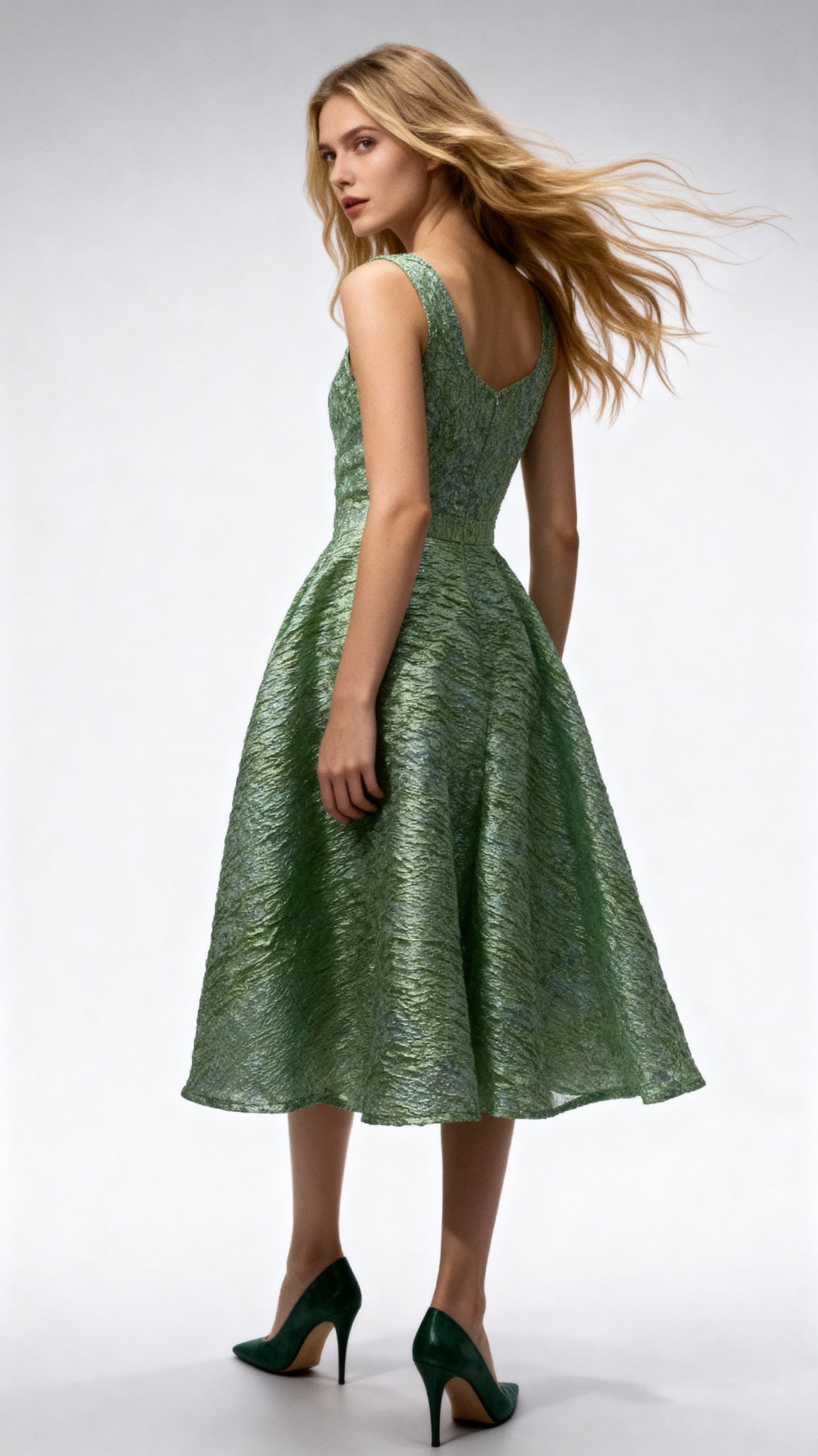 Textured Square Neck Sleeveless Waist-Defined A-Line Midi Dress