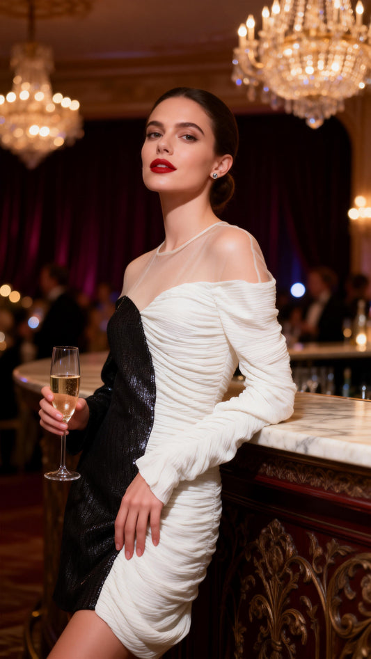 Black and White Color-Block Off-the-Shoulder Ruched Lustrous Mini Dress