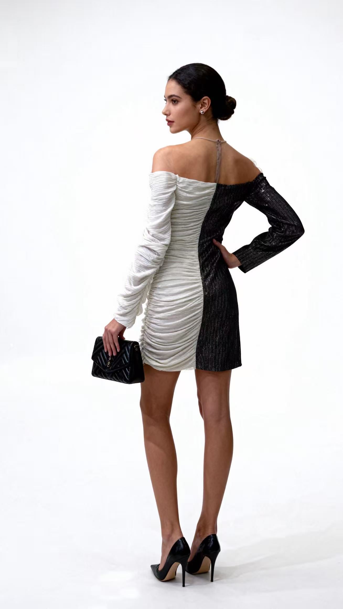 Black and White Color-Block Off-the-Shoulder Ruched Lustrous Mini Dress