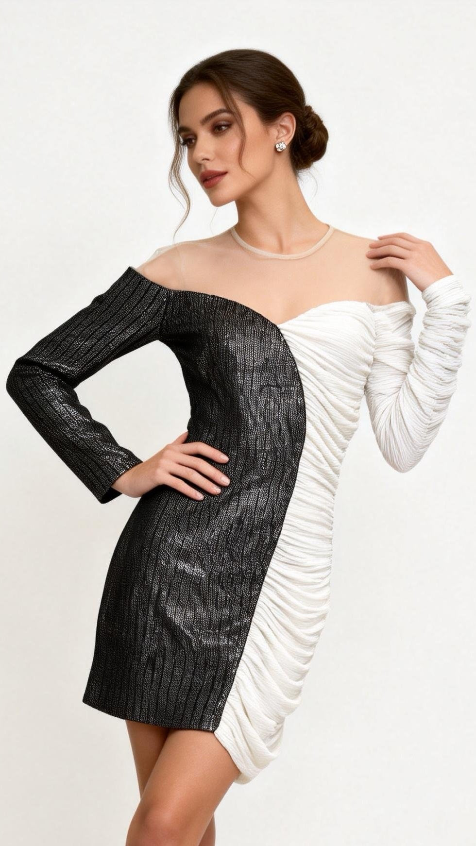 Black and White Color-Block Off-the-Shoulder Ruched Lustrous Mini Dress