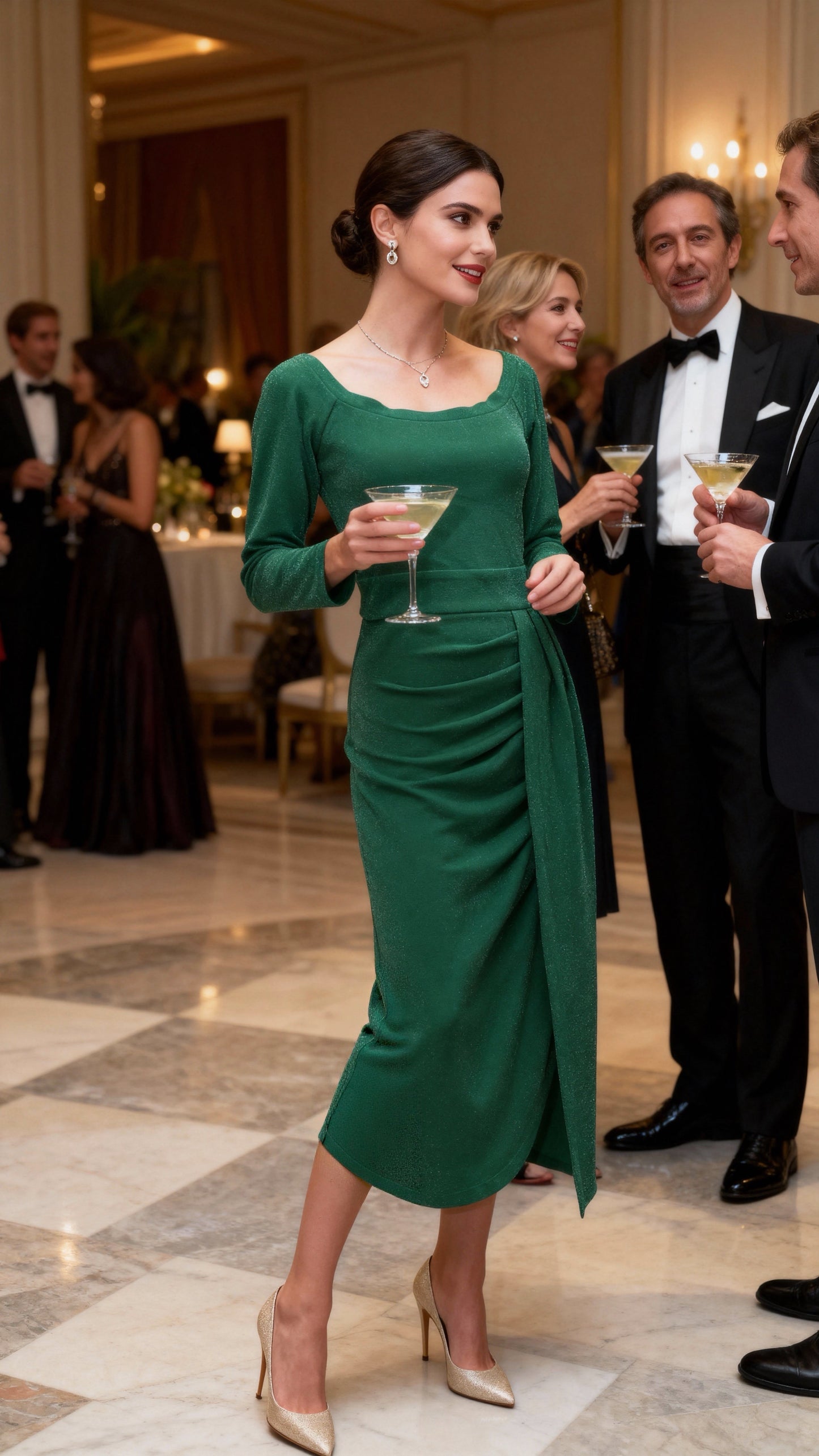 Emerald Green Shimmery Thread Square Neck Waist-Defined Slit Midi Dress