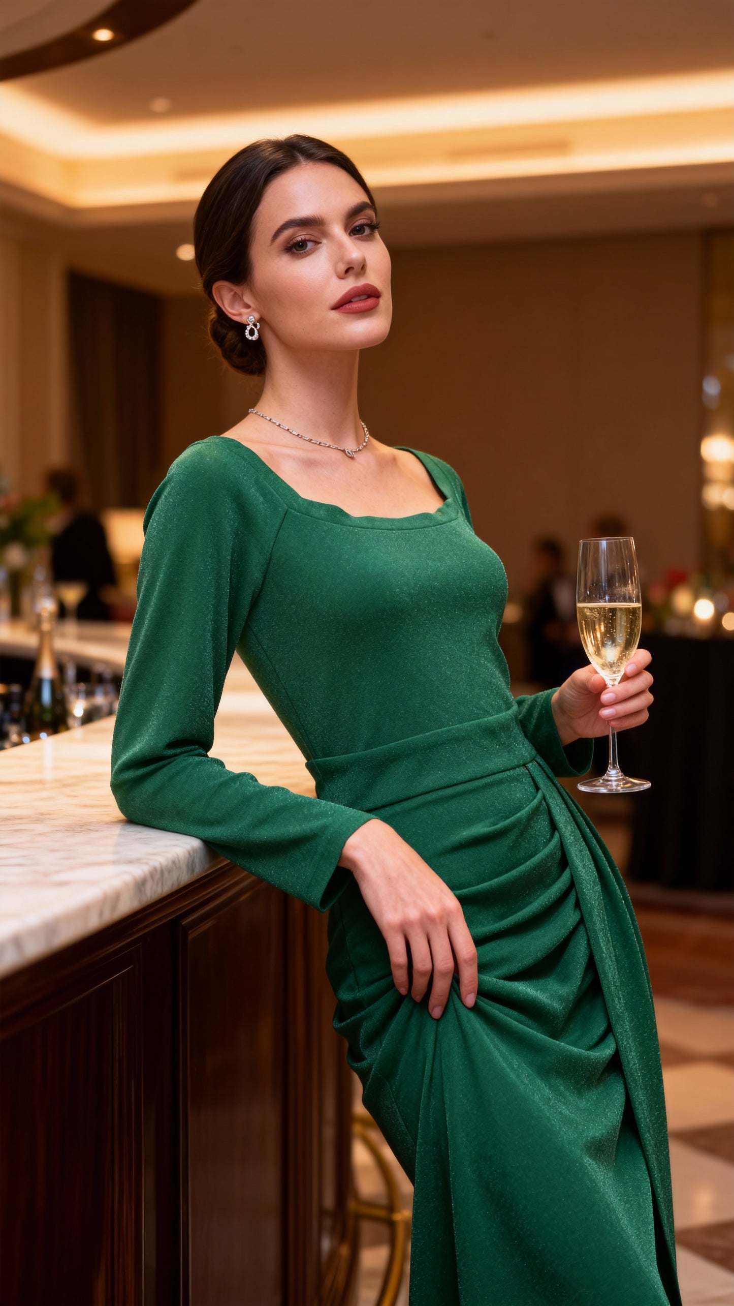 Emerald Green Shimmery Thread Square Neck Waist-Defined Slit Midi Dress