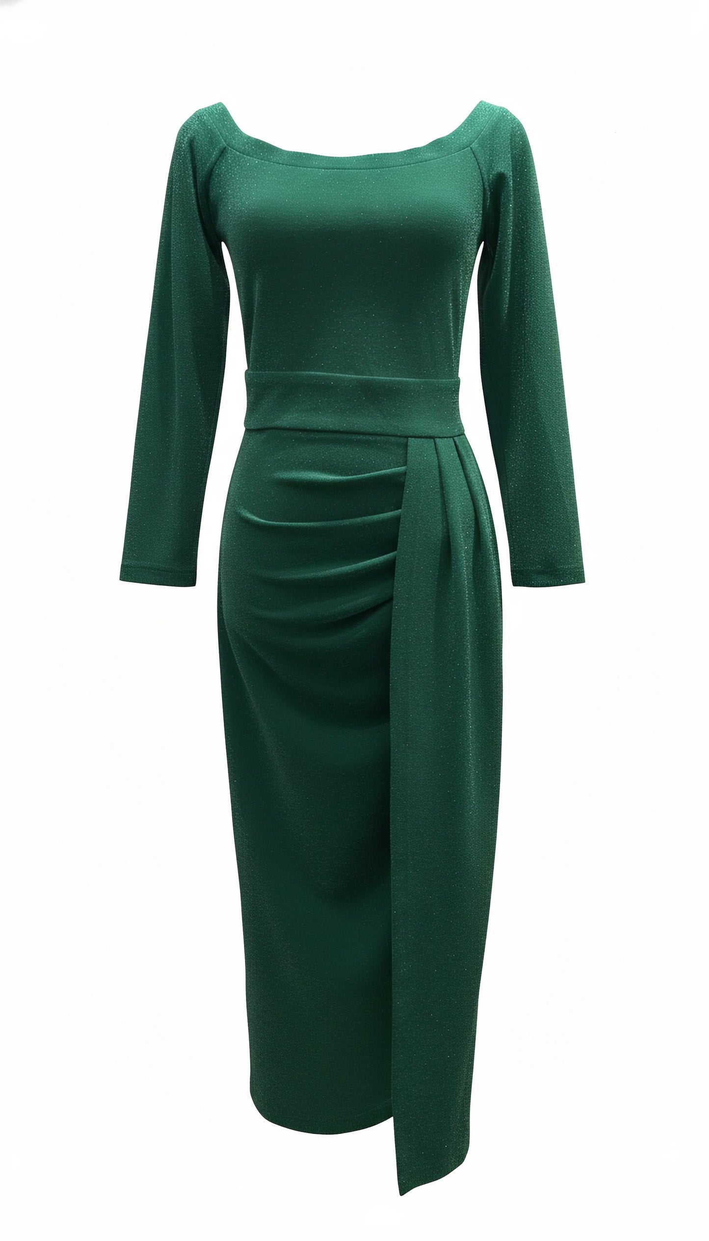 Emerald Green Shimmery Thread Square Neck Waist-Defined Slit Midi Dress