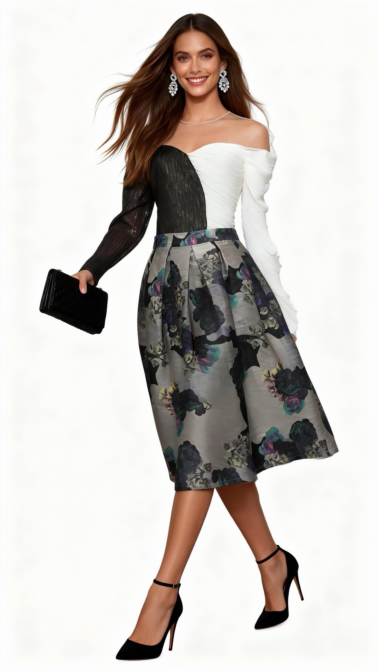 Floral Print High-Waisted A-Line Midi Skirt