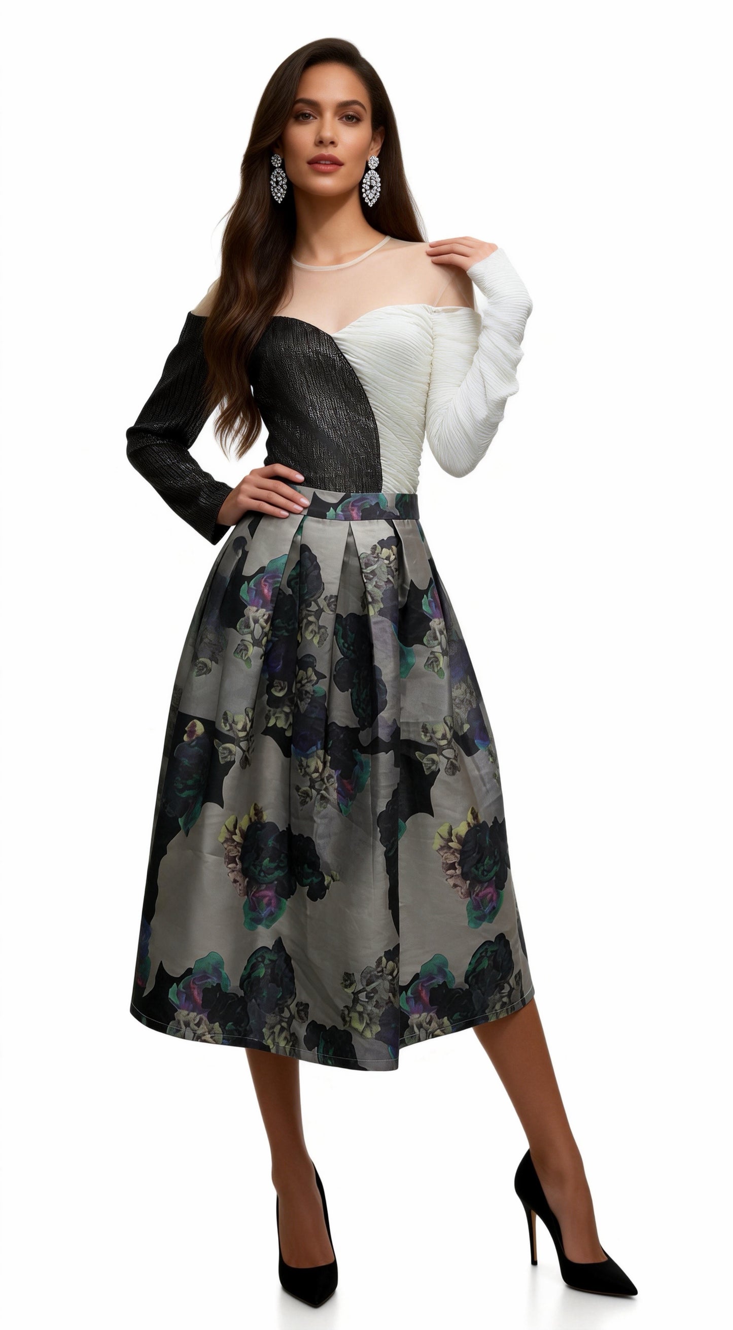 Floral Print High-Waisted A-Line Midi Skirt