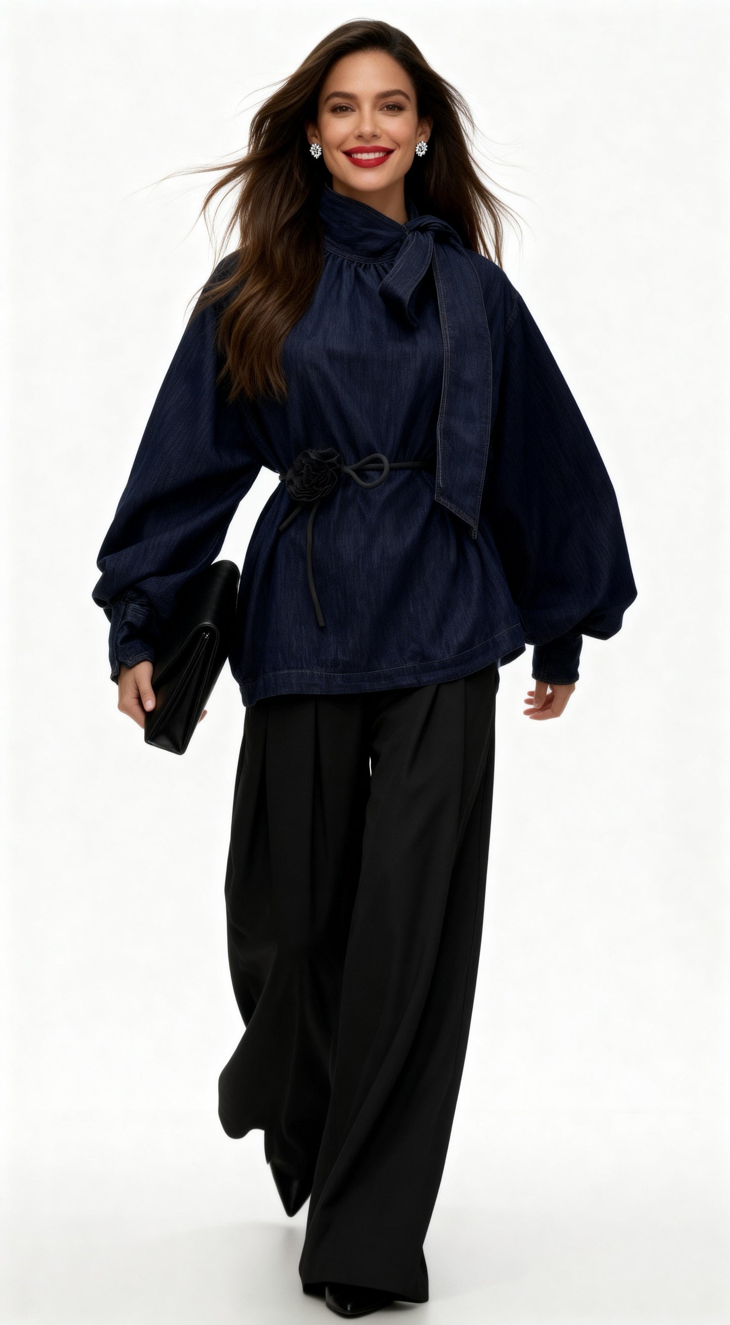 Denim Tie-Strap Bishop Sleeve Top