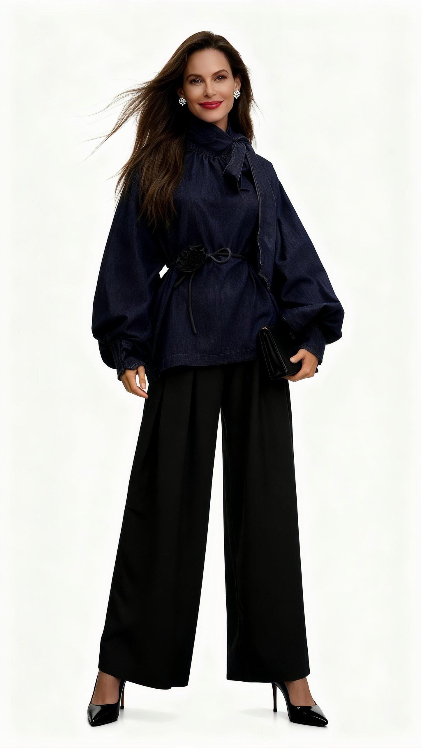 Denim Tie-Strap Bishop Sleeve Top