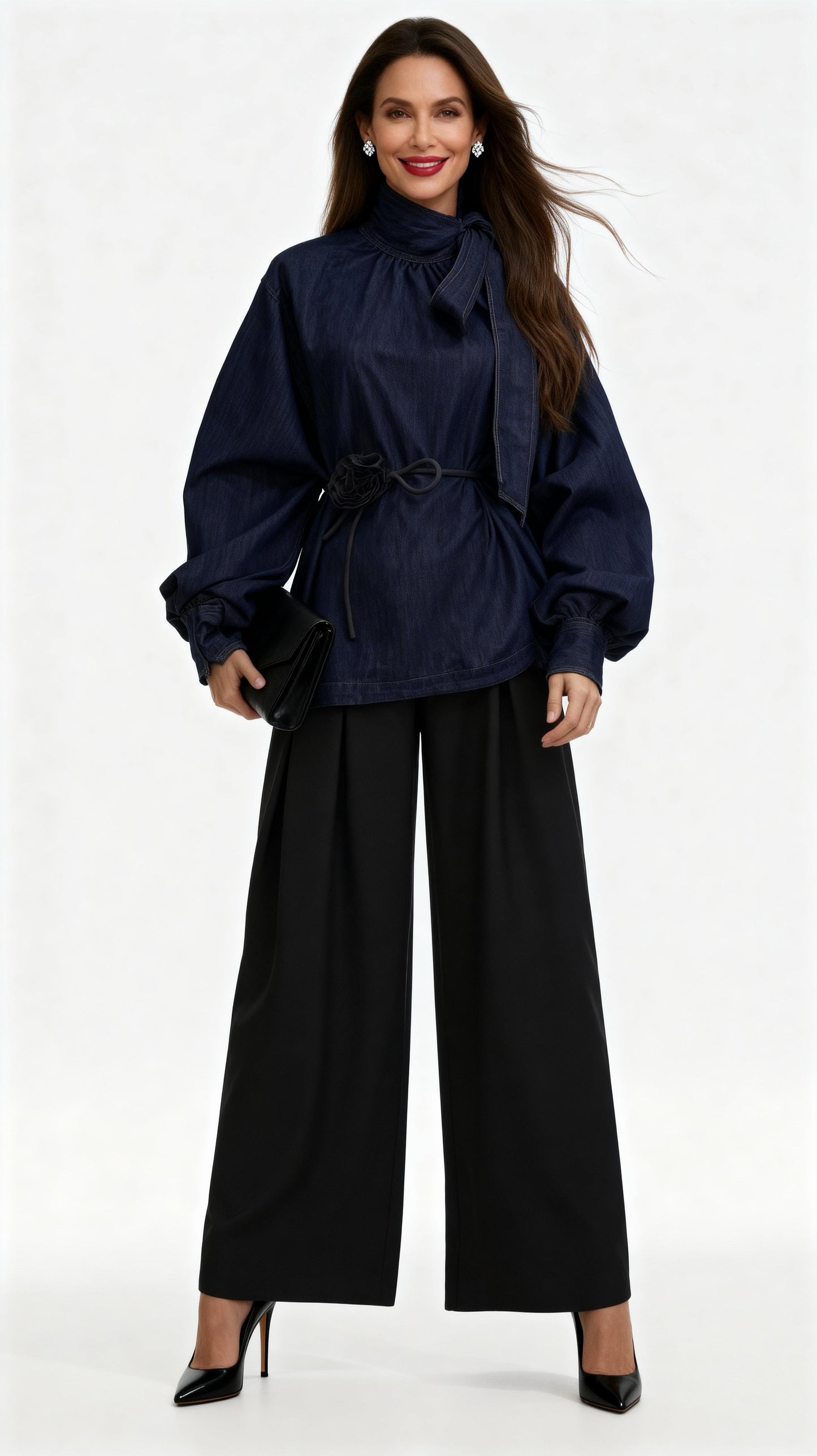 Denim Tie-Strap Bishop Sleeve Top