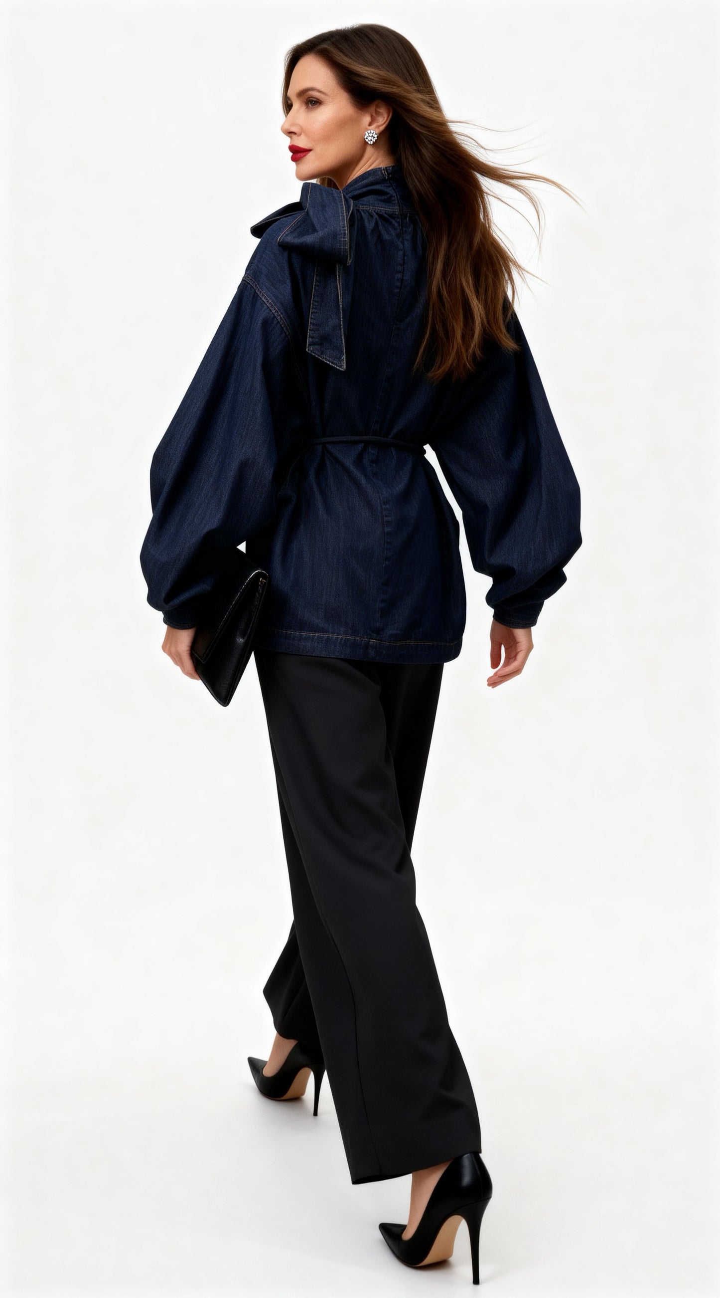 Denim Tie-Strap Bishop Sleeve Top