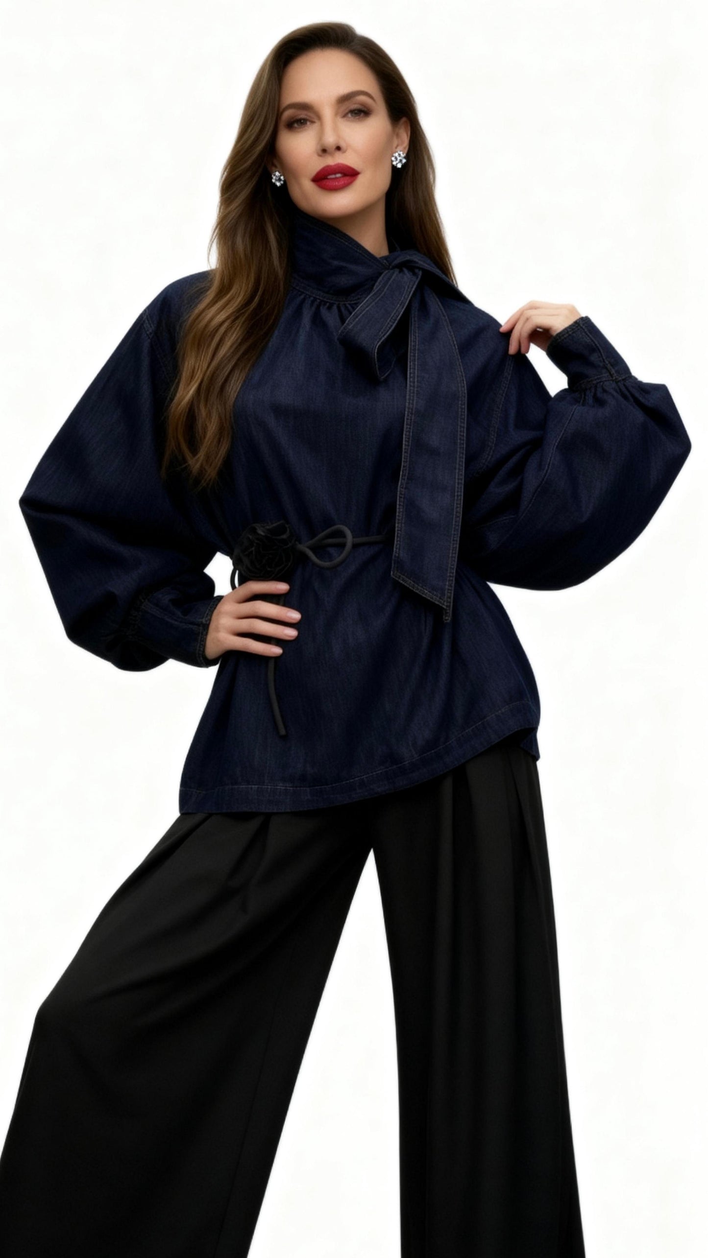 Denim Tie-Strap Bishop Sleeve Top