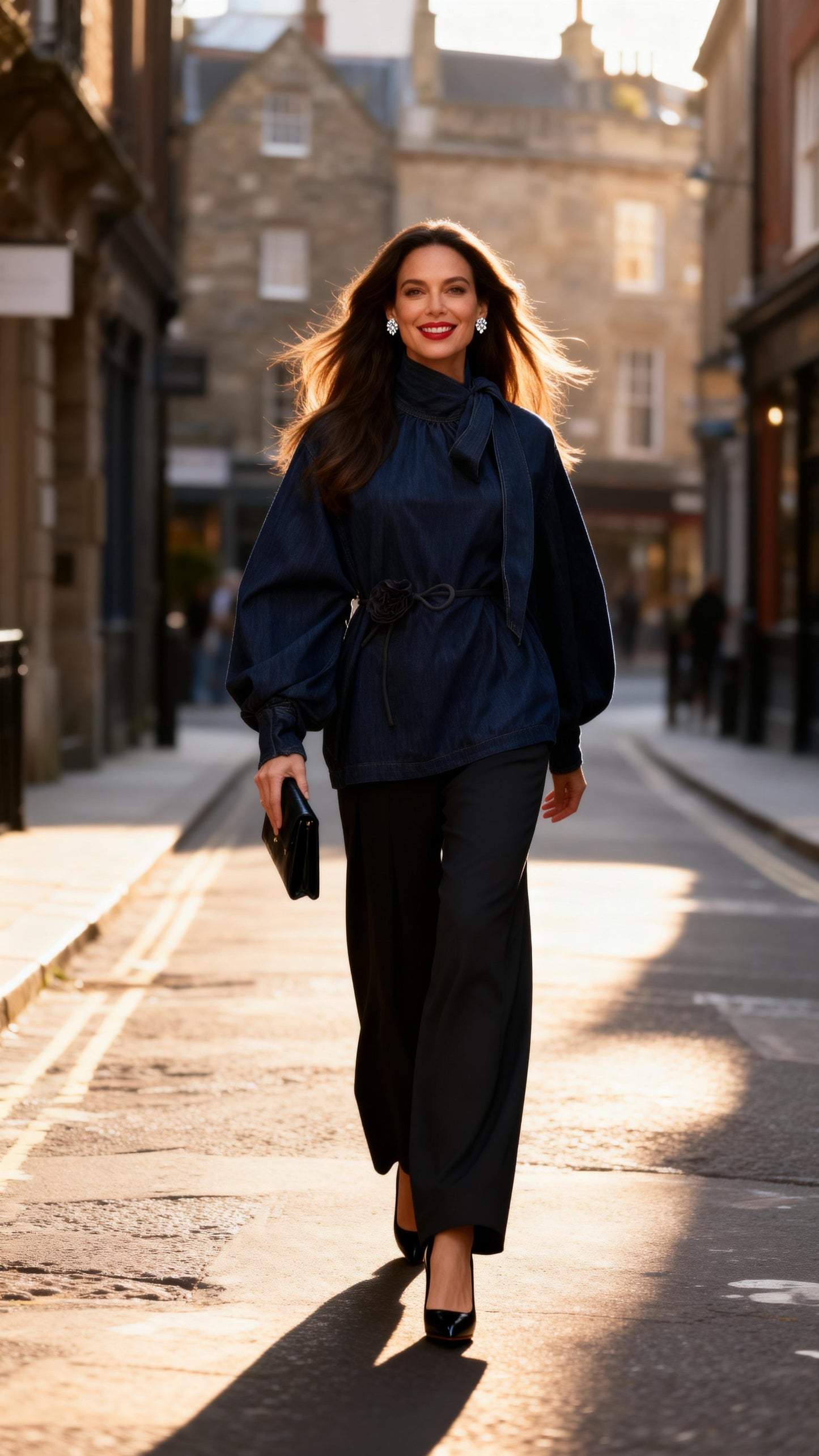 Denim Tie-Strap Bishop Sleeve Top