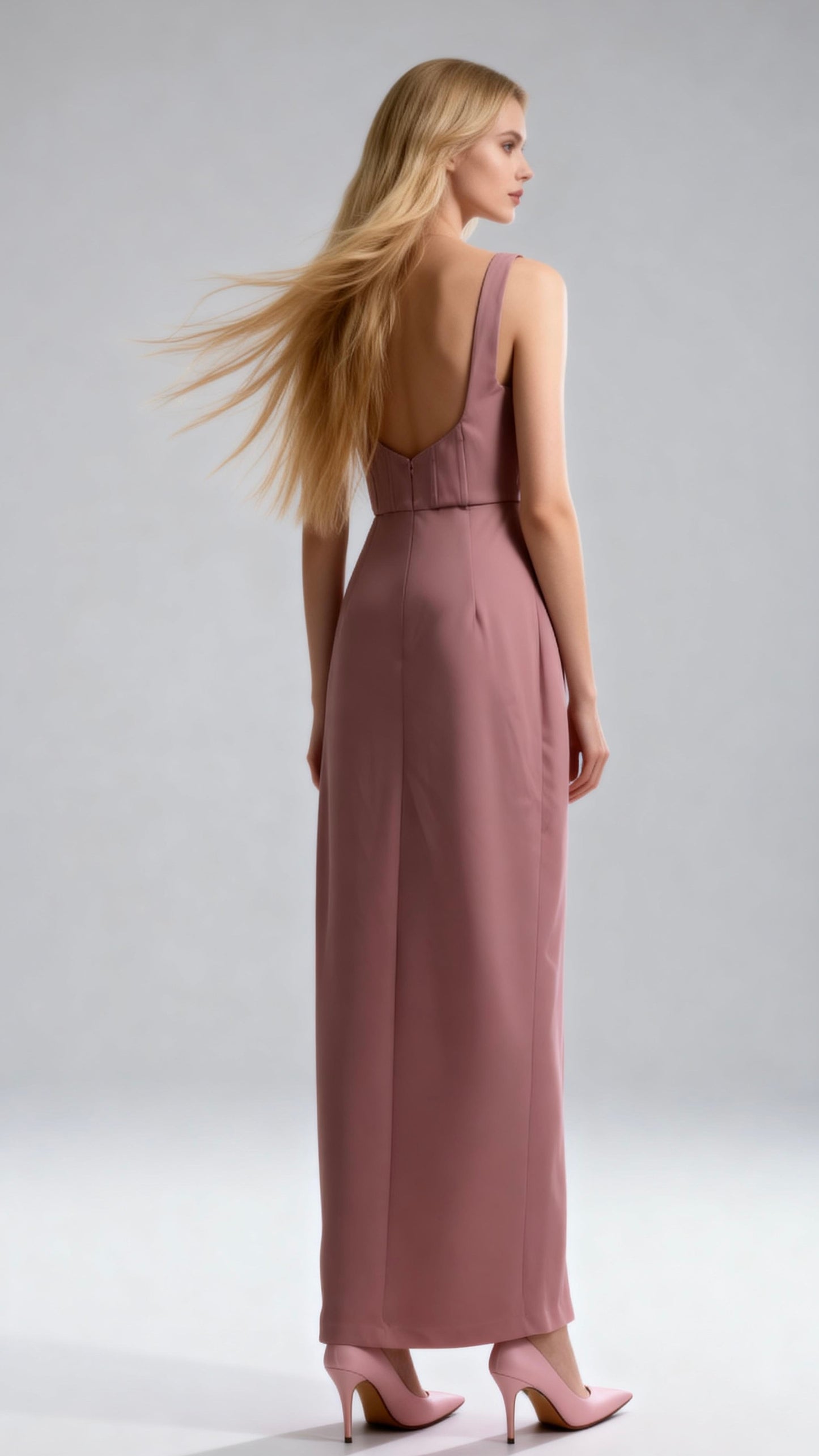 Square Neck Spaghetti Strap Waist-Defined Slit Maxi Dress