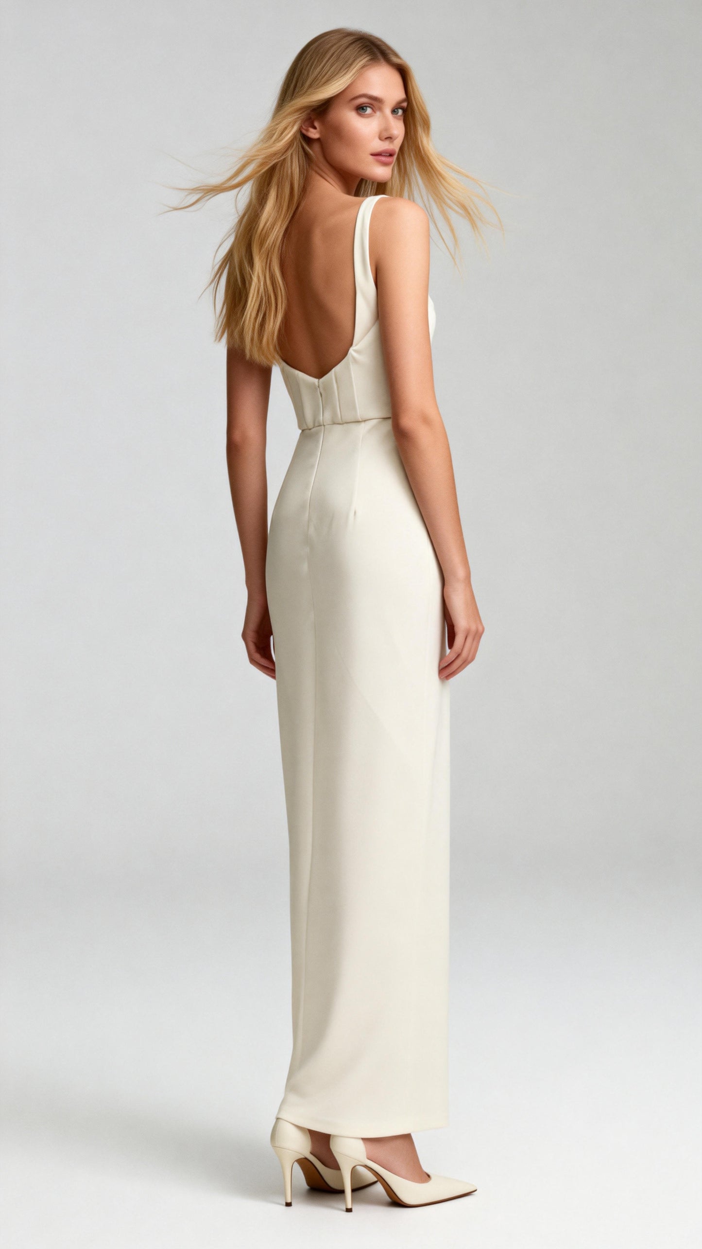 Square Neck Spaghetti Strap Waist-Defined Slit Maxi Dress