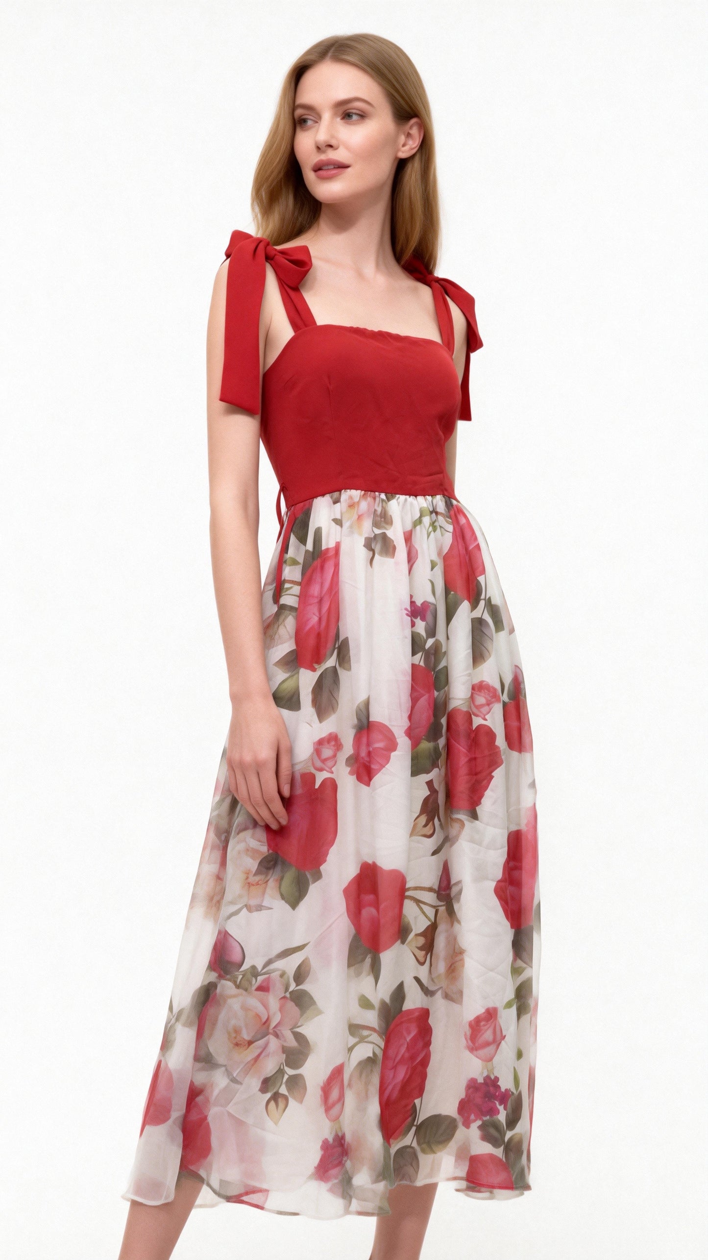 Patchwork Printed Bow-Accented Spaghetti Strap