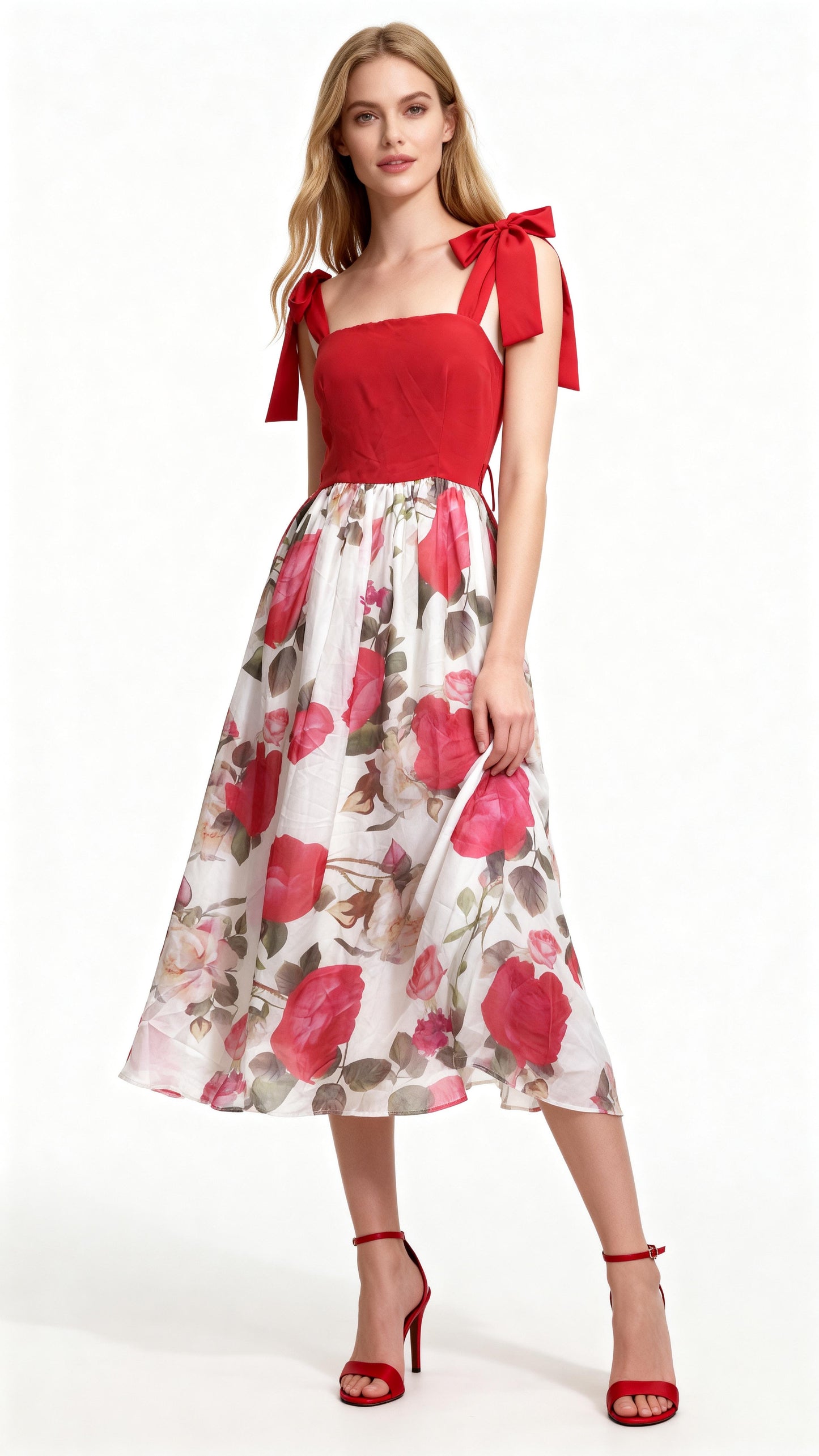 Patchwork Printed Bow-Accented Spaghetti Strap