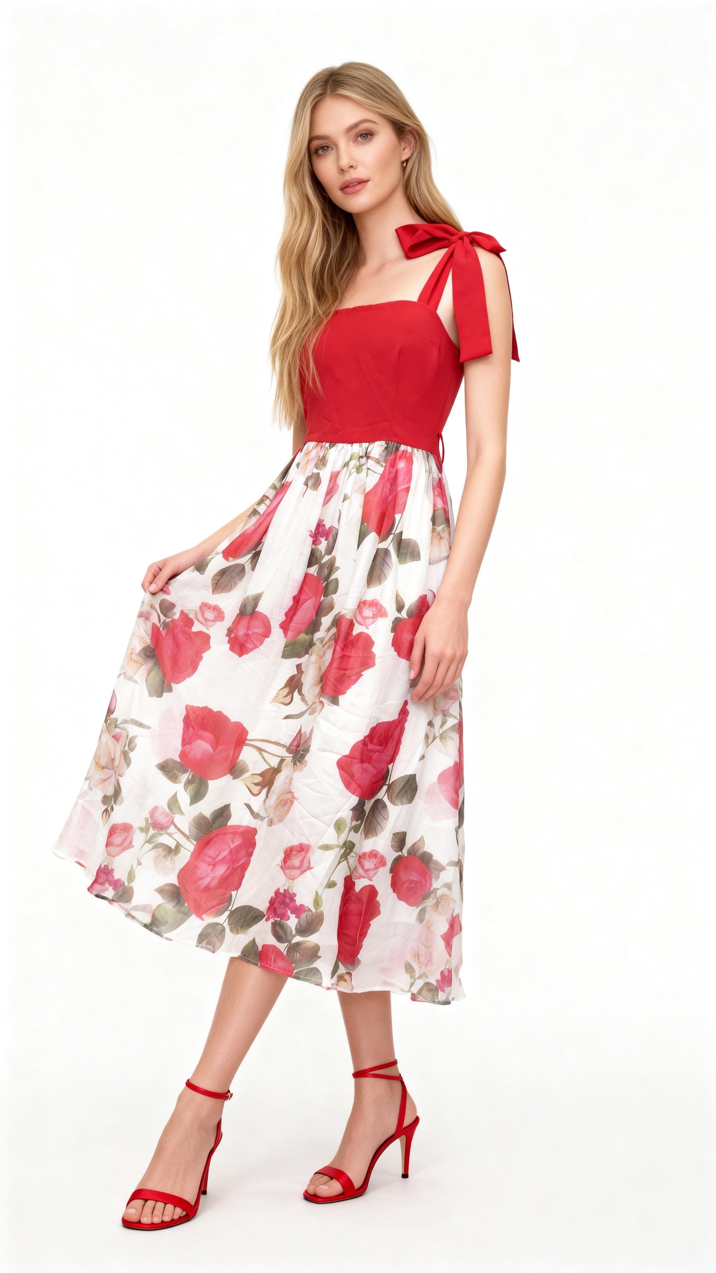 Patchwork Printed Bow-Accented Spaghetti Strap