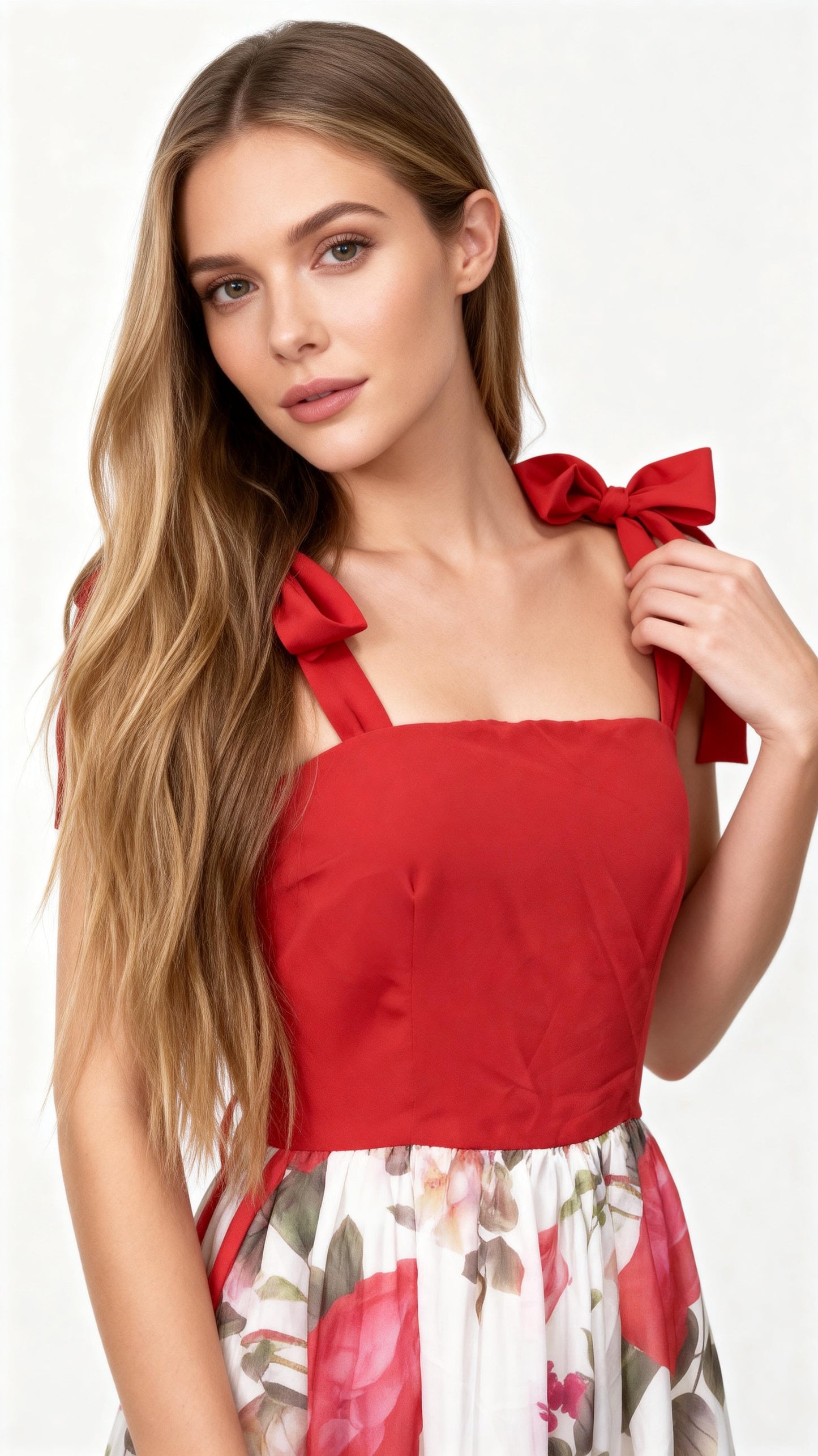 Patchwork Printed Bow-Accented Spaghetti Strap