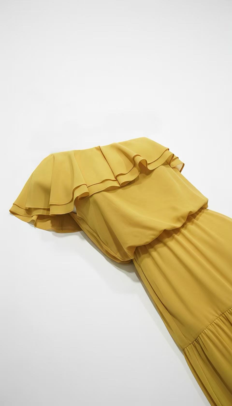 Yellow one-shoulder ruffled tiered maxi Dress