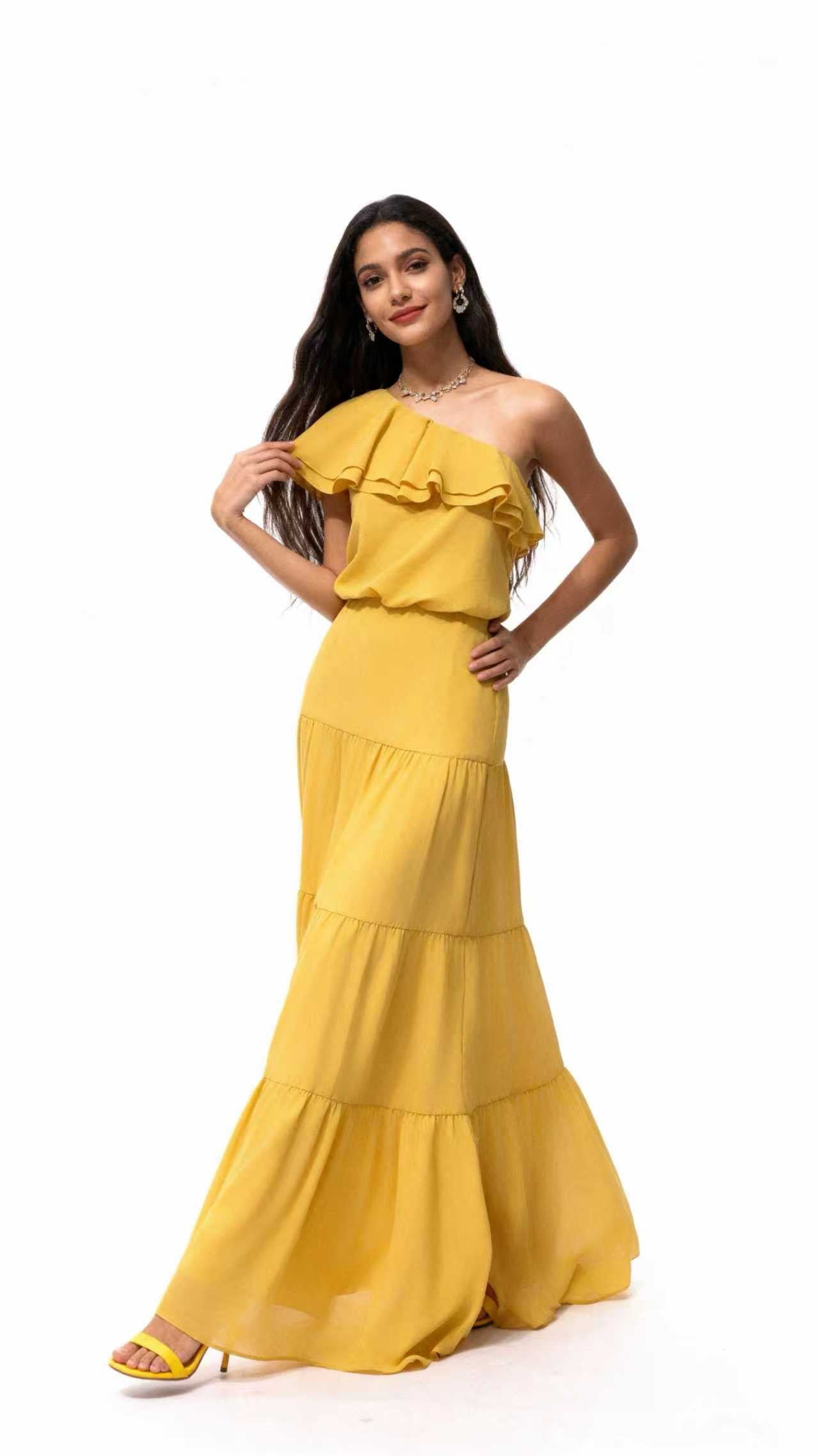 Yellow one-shoulder ruffled tiered maxi Dress