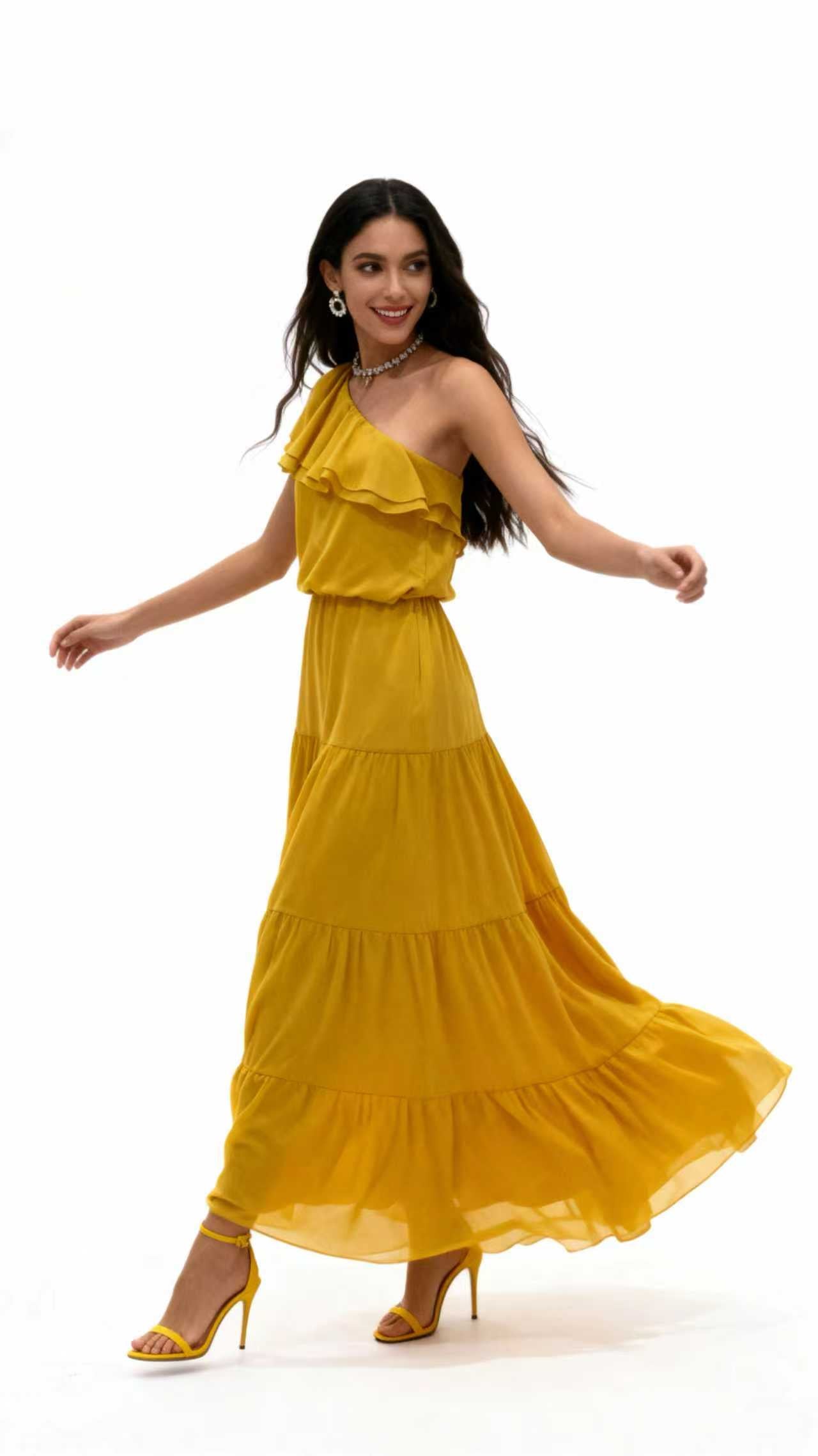 Yellow one-shoulder ruffled tiered maxi Dress