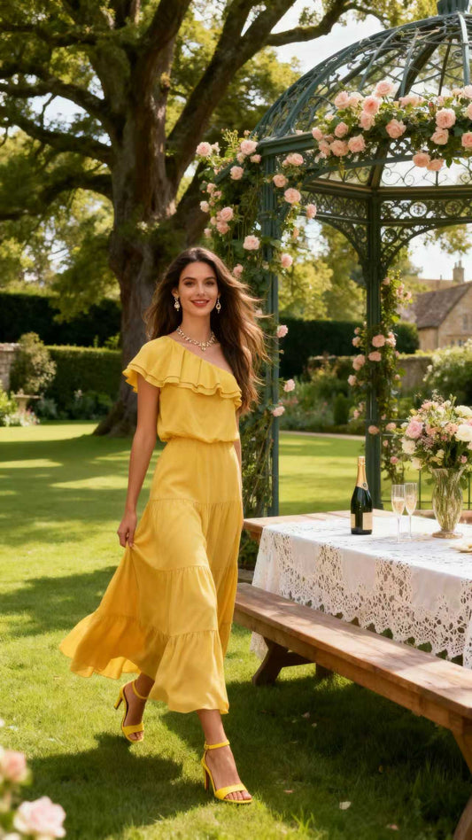 Yellow one-shoulder ruffled tiered maxi Dress
