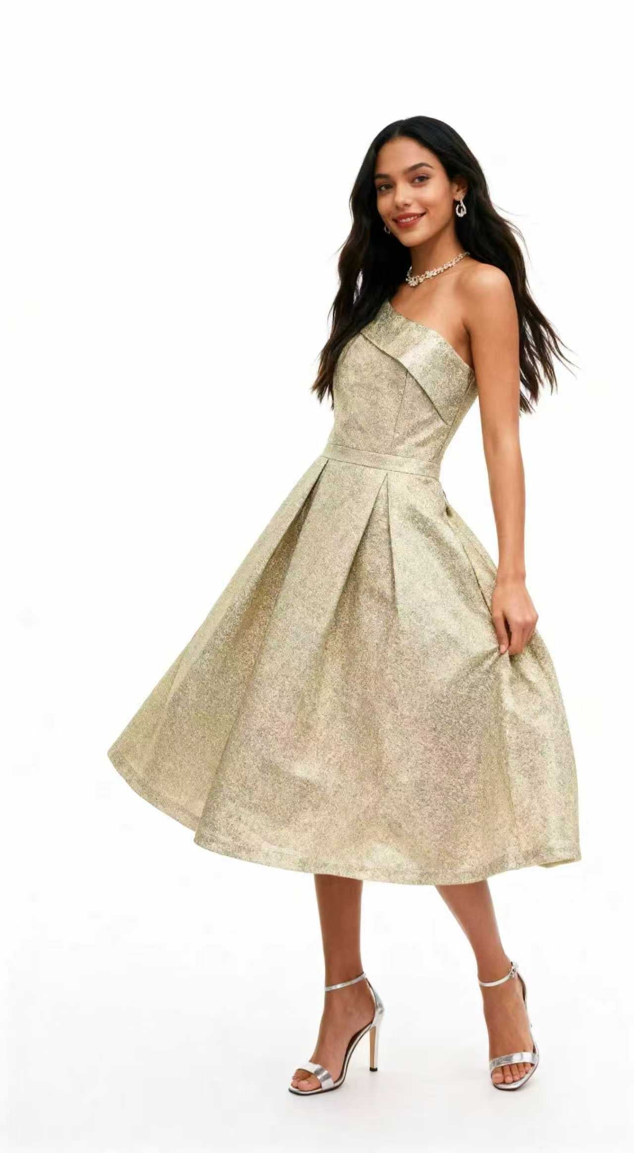 A single-shoulder, shiny, fitted, mid-length Dress
