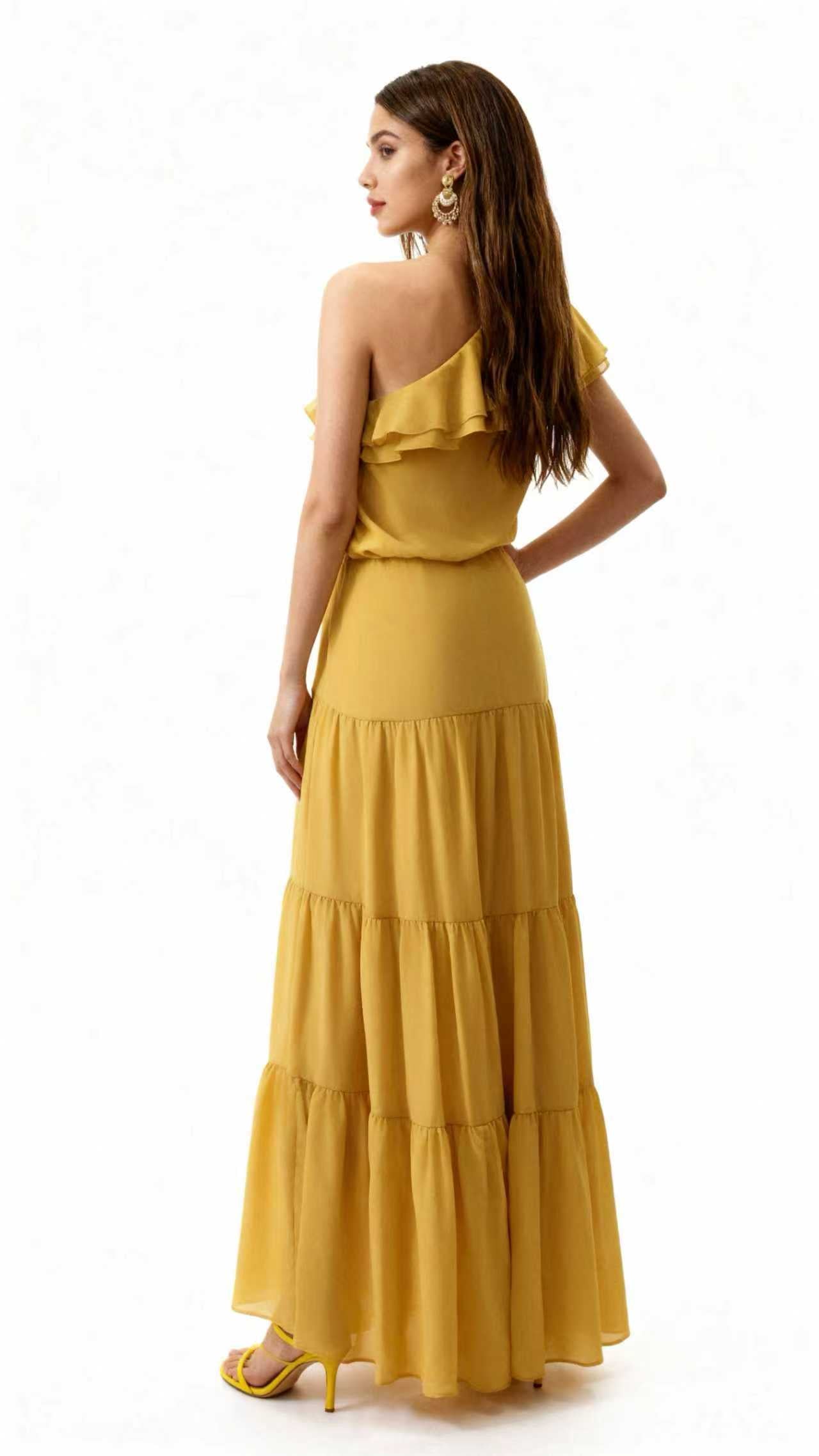Yellow one-shoulder ruffled tiered maxi Dress