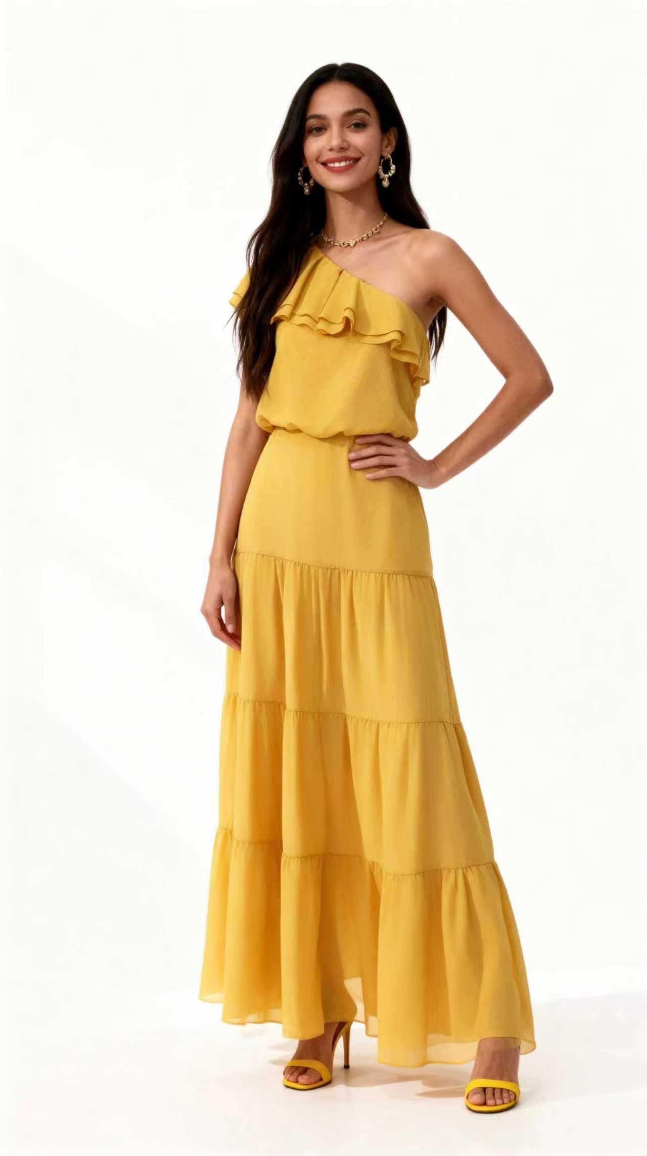Yellow one-shoulder ruffled tiered maxi Dress