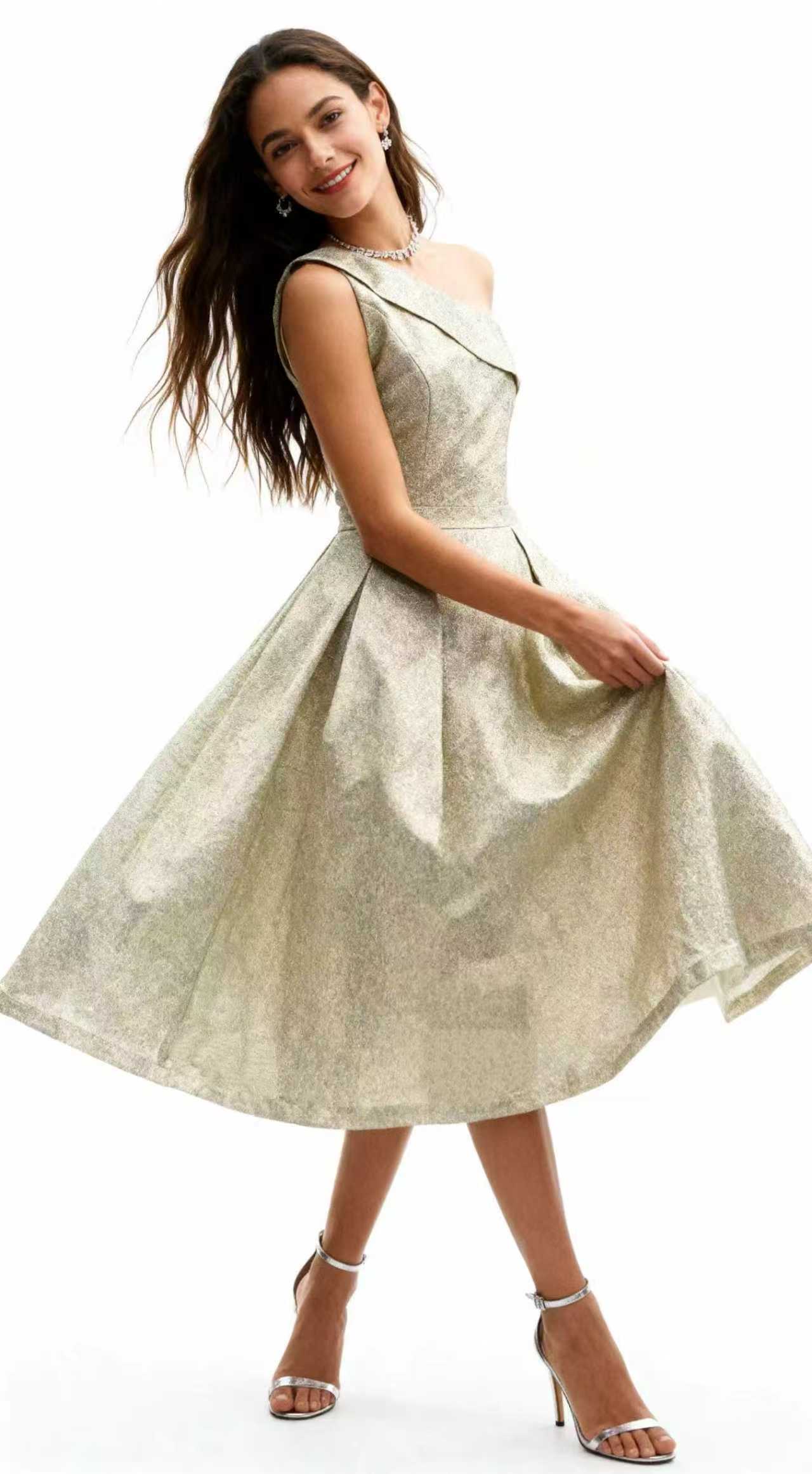 A single-shoulder, shiny, fitted, mid-length Dress