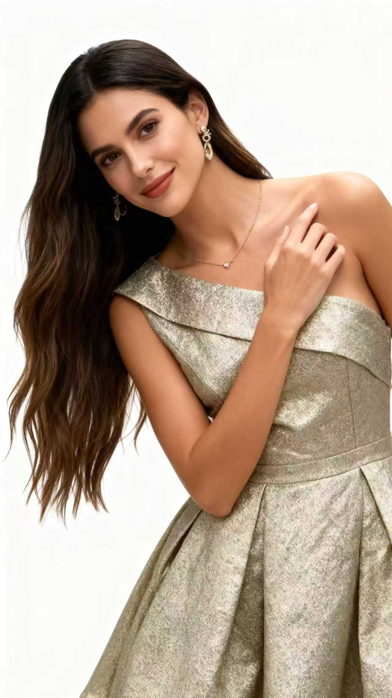 A single-shoulder, shiny, fitted, mid-length Dress