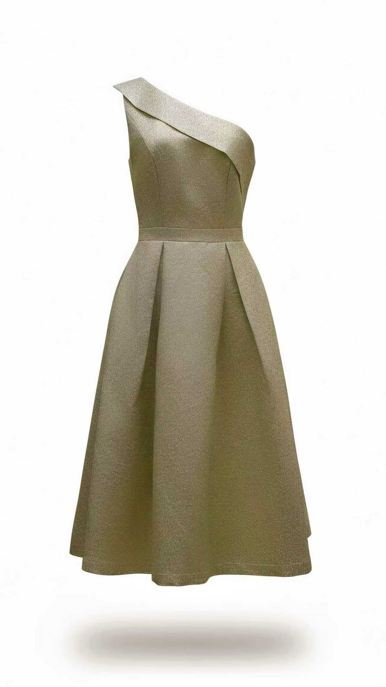 A single-shoulder, shiny, fitted, mid-length Dress
